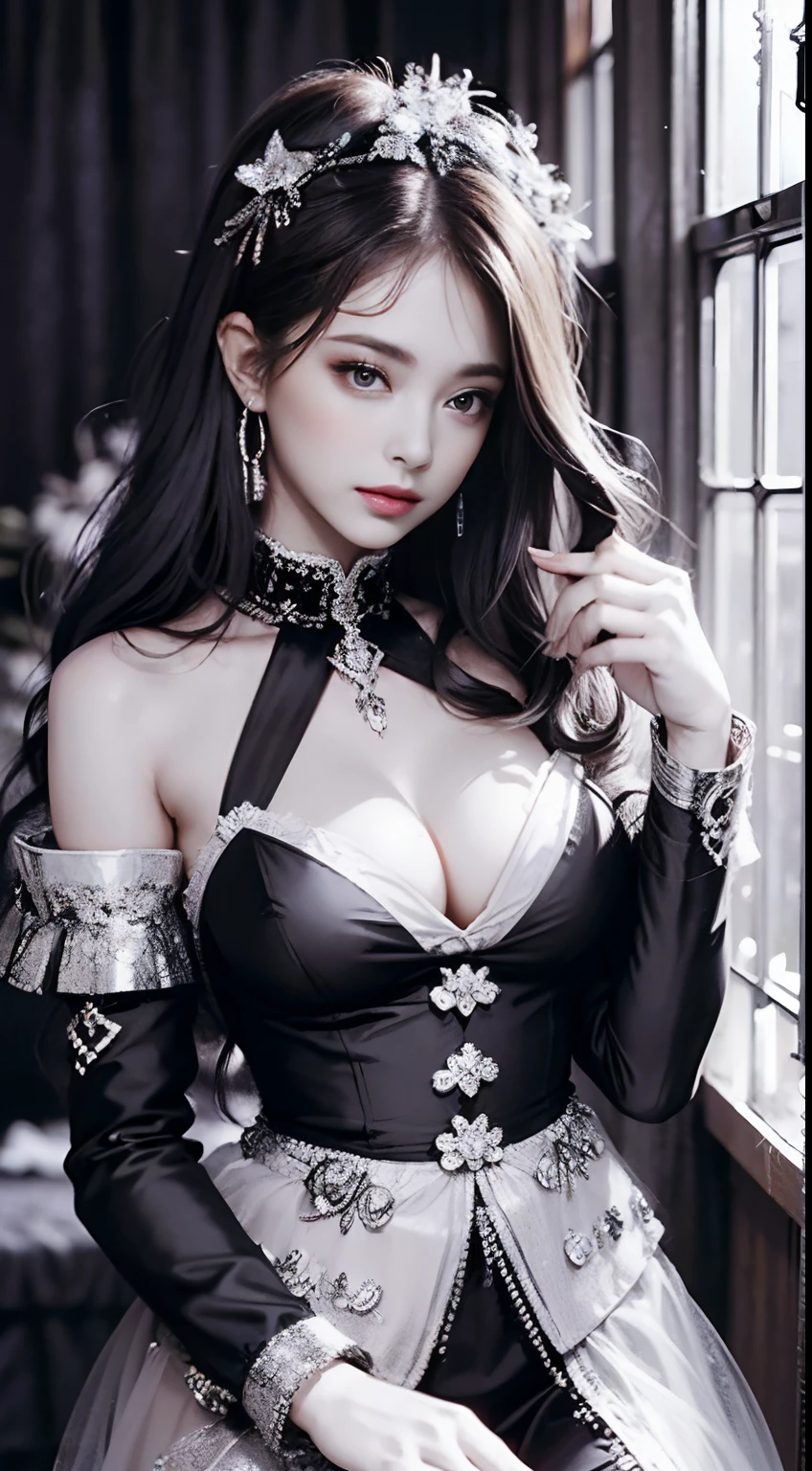 (Pure Color: 0.9), (Color: 1.1), (Masterpiece: 1,2), Best Quality, Masterpiece, High Resolution, Original, Highly Detailed Wallpaper, Beauty, Victorian, Dress, Melancholy, Big Breasts, Sepia Color, 30 years old