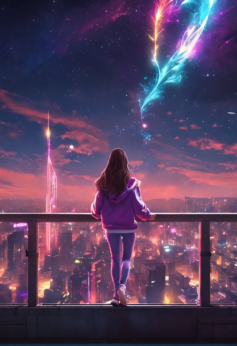 "Image Quality: 8K (Best Quality Scale: 1.2), Artistic Style: Realistic, Photorealistic Factor: 1.37, Clarity: Ultra High Definition, Subject:1girl flying above stunning cityscape ,hoodie,brown hair, neon color shooting stars, very long hair, off shoulder, feather hair ornament, neon colors, flashes, stunning night sky, Girl (16 yearble Features: Pleasant Smile, Closed Mouth, Exquisite Details, Lovely Nose, Composition: Full Body, Damp Hair, Context: Amidst Colossal Dalsefo, huge Angel wings very detailed, Korean idol looks