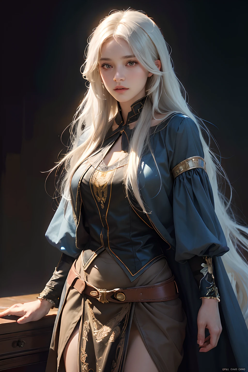 Hyperrealist portrait of female by david hockney and alphonse mucha,fantasy art, photo realistic, dynamic lighting, artstation, poster, volumetric lighting, very detailed faces, 4 k, award winning,, 1girl, in the dark, deep shadow, low key,cowboy shot,(official clothing:1.4) ,long hair,white hair,