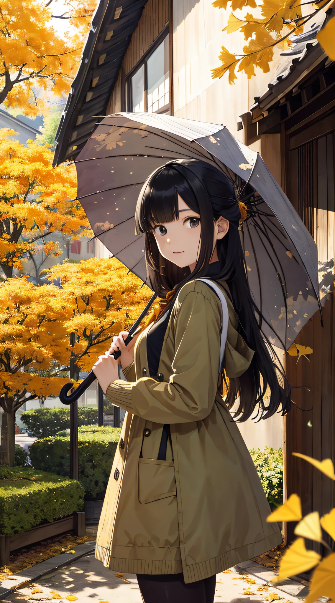 autumnal,beautiful Girl(1girll:1.3),A high resolution,ultra - detailed,ginko,Ginkgo tree,komono,holding a umbrella,Noon time,And focus on the subtle details and atmosphere of the scene。