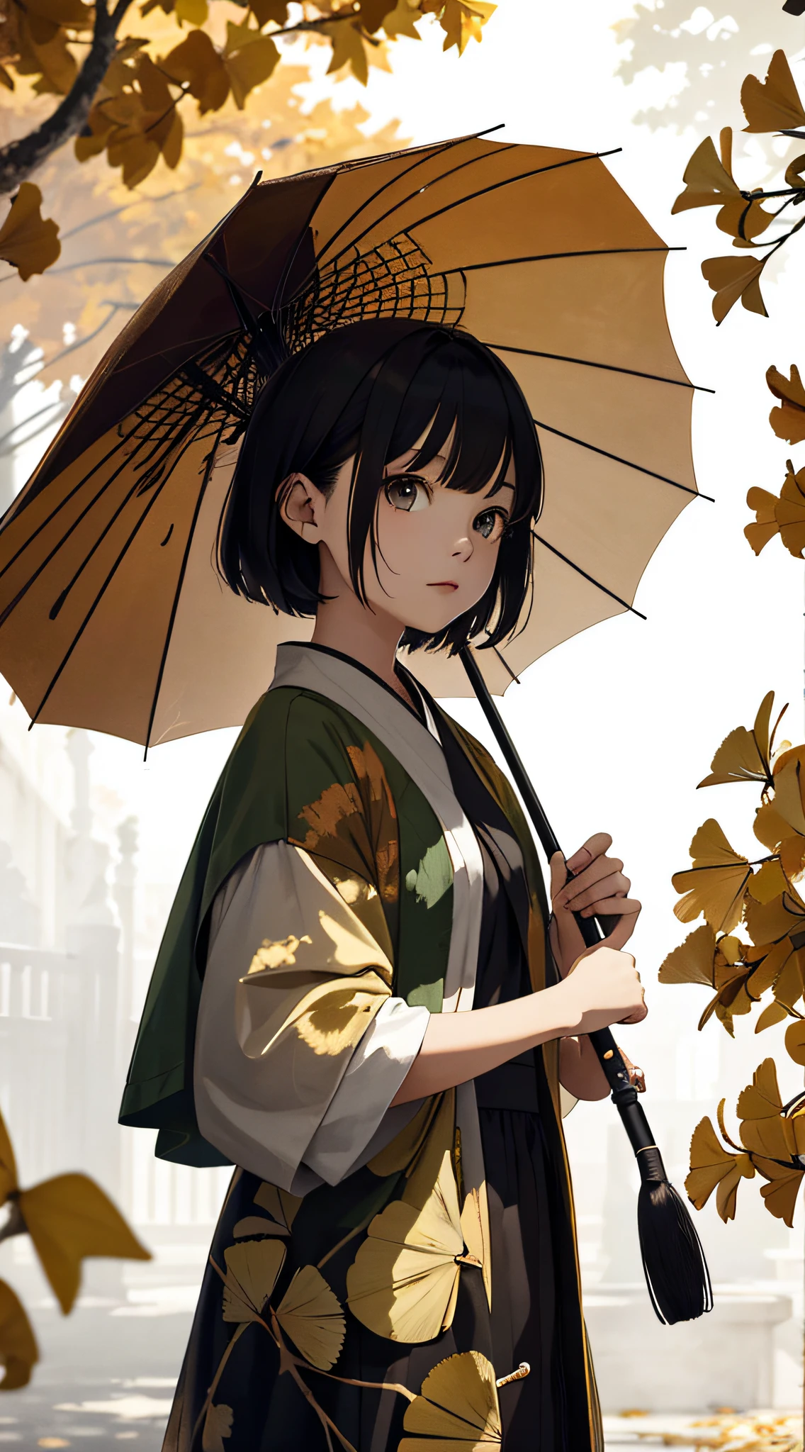 autumnal,beautiful Girl(1girll:1.3),A high resolution,ultra - detailed,ginko,Ginkgo tree,komono,holding a umbrella,Noon time,And focus on the subtle details and atmosphere of the scene。