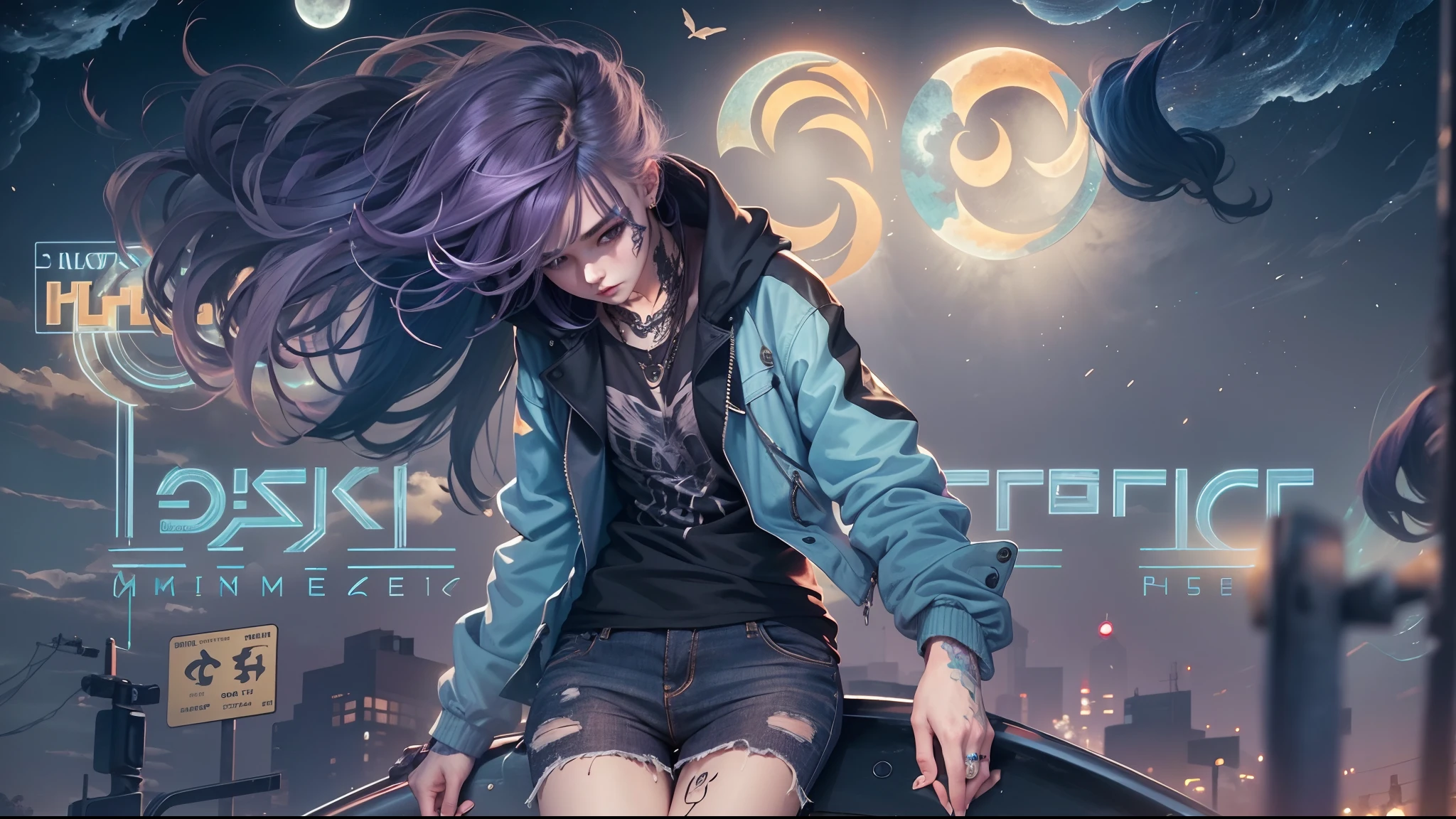 (masterpiece, best quality), 1girl, lying, emo, beautiful hair, colorful hair, intricate jacket, jeans, magical tattoos, perfect night, moonlight, street