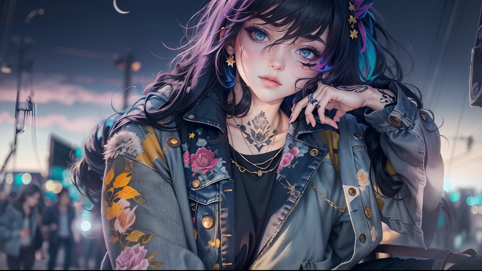 (masterpiece, best quality), 1girl, lying, emo, beautiful hair, colorful hair, intricate jacket, jeans, magical tattoos, perfect night, moonlight, street