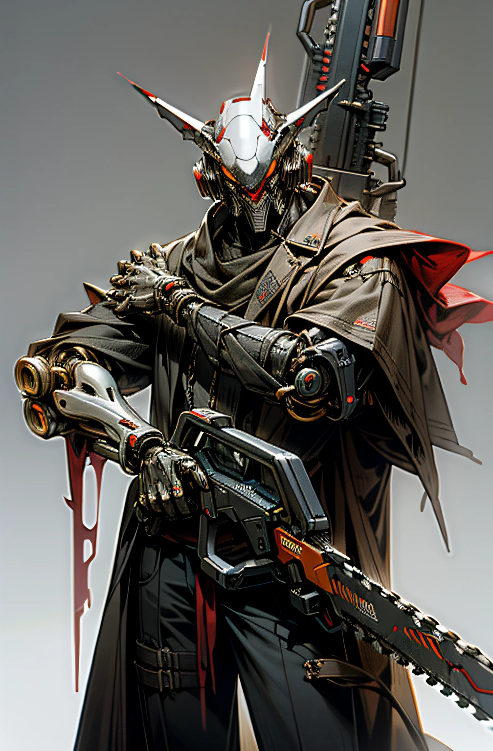 Dark_Fantasy,Cyberpunk,(chain saw,chain saw man,Red:1.1),1man,Mechanical marvel,Robotic presence,Cybernetic guardian,