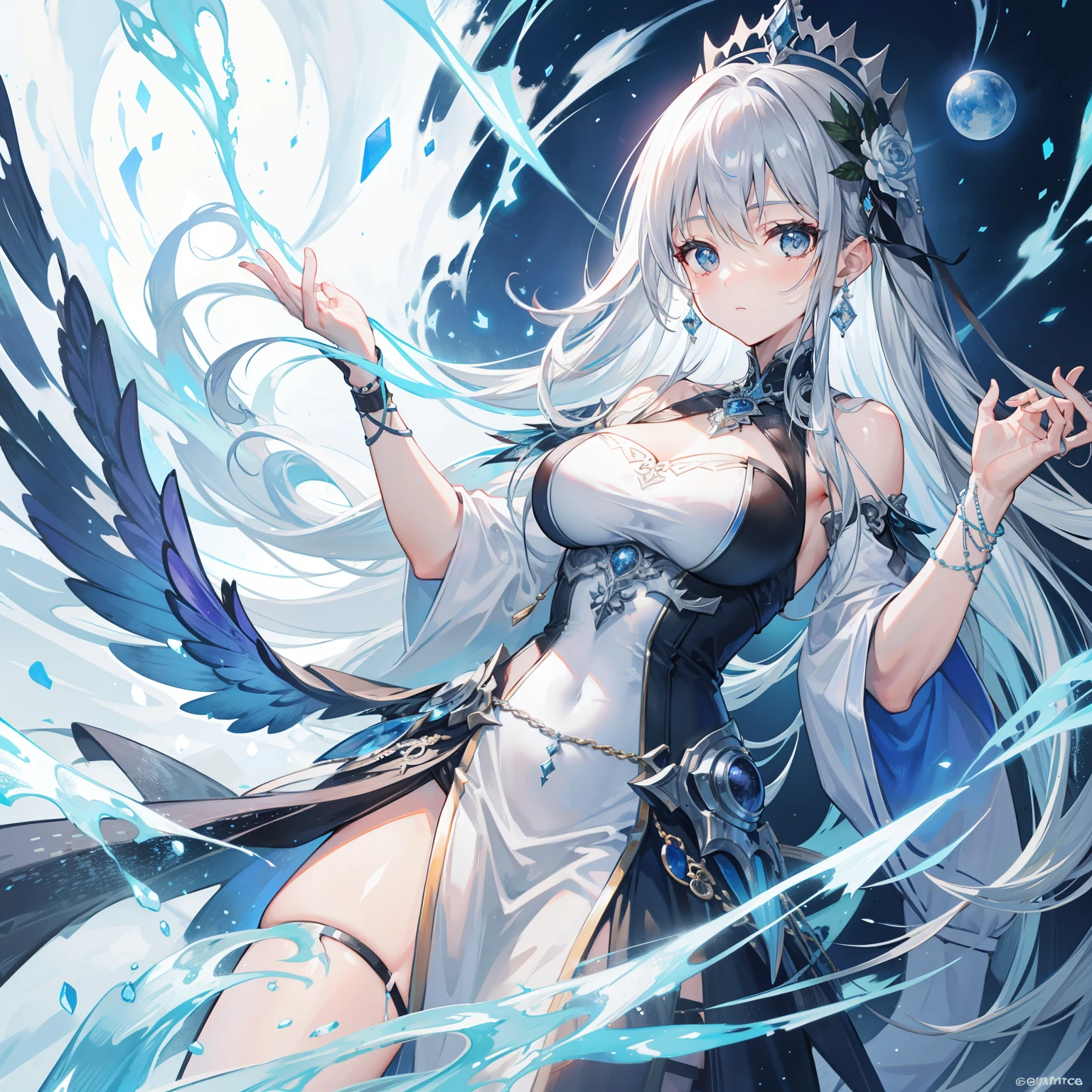 Create an illustration of a person with water dragon powers. The individual should be depicted in an epic fantasy style, surrounded by swirling water and ethereal blue light. They should have dragon-like features such as scales and glowing eyes. The background should feature a majestic waterfall and misty mountains, with the dragon spirit visible in the water currents, creating a sense of awe and magical power