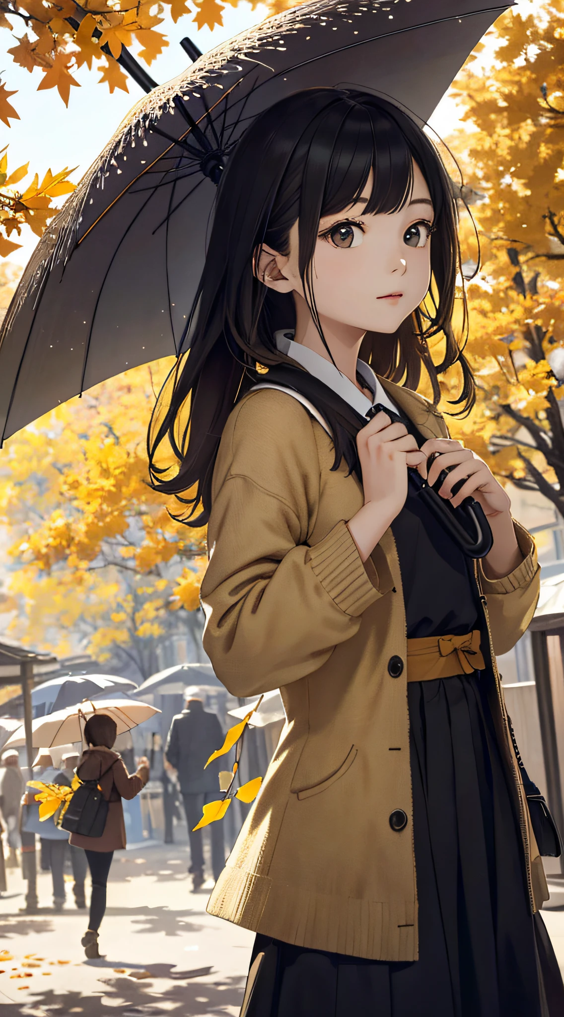 autumnal,beautiful Girl(1girll:1.3),A high resolution,ultra - detailed,ginko,Ginkgo tree,komono,holding a umbrella,Noon time,And focus on the subtle details and atmosphere of the scene。