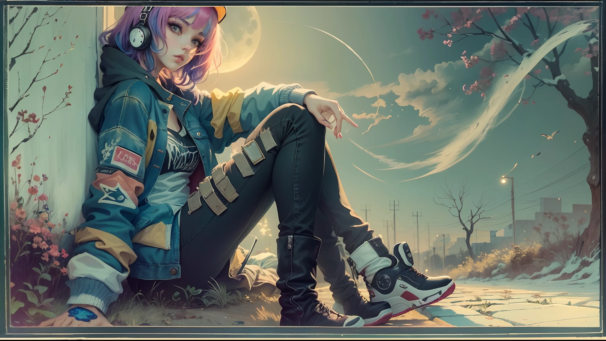 Doomsday wasteland wind,redheadwear,blue eyes, Mila Kunis, short skirt, pink lace top. Single horsetail, quadratic element