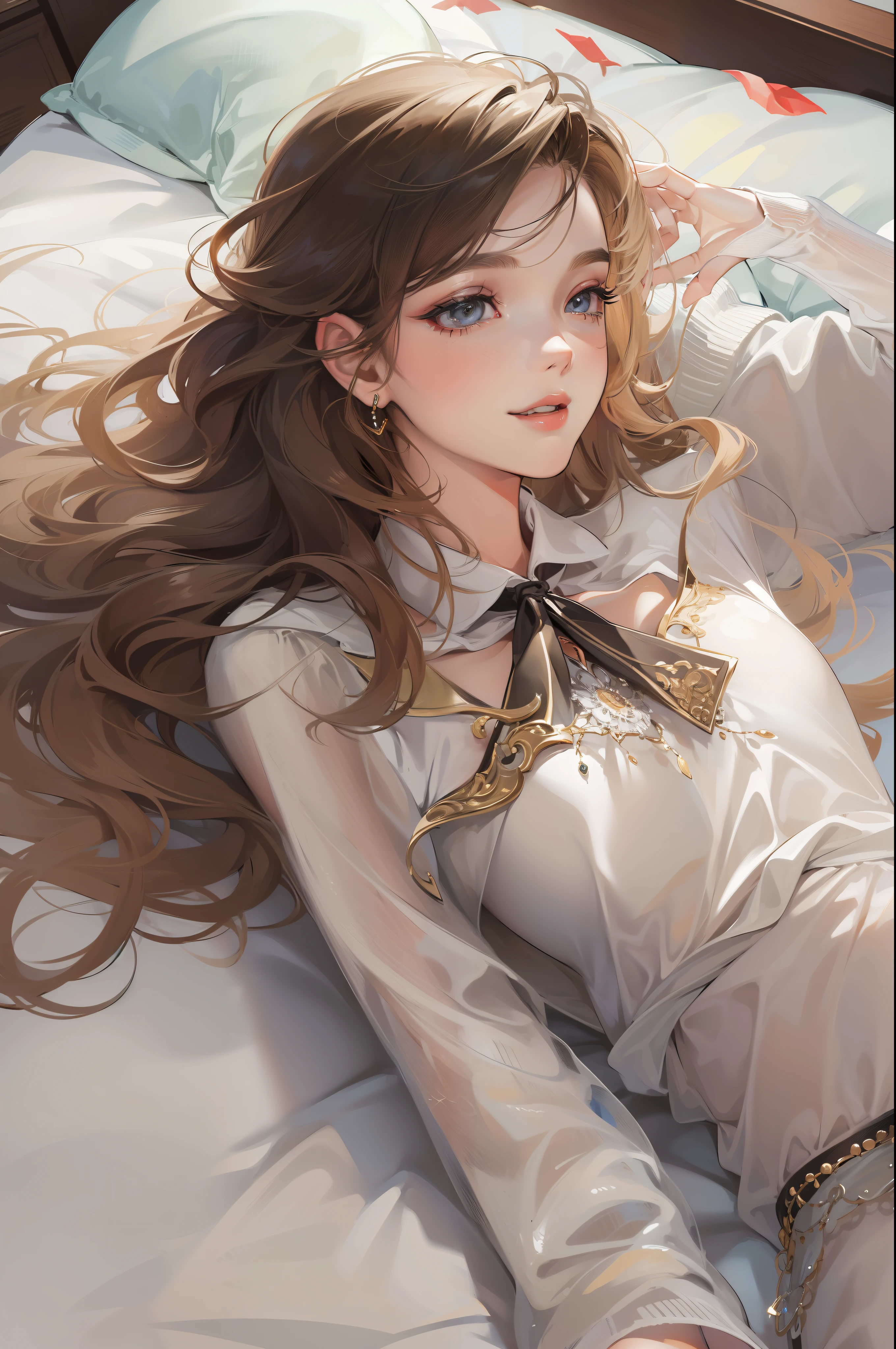((Sexy and beautiful woman lying on the bed and looking up)), the cutest 20-year-old beauty, charming smile, ((seaside resort)), ((very long hair)), ((skimp high resort fashion)), ((rich bust)), gradient eyes, seductive makeup, show lighting, single perspective, canon, nffsw, retina, masterpiece, accurate, anatomically correct, texture Doskin, Super Detail, High Detail, High Quality, Award Winning, Highest Quality, High Definition, 1080p, Hard Disk, 4K, 8K, 16K
