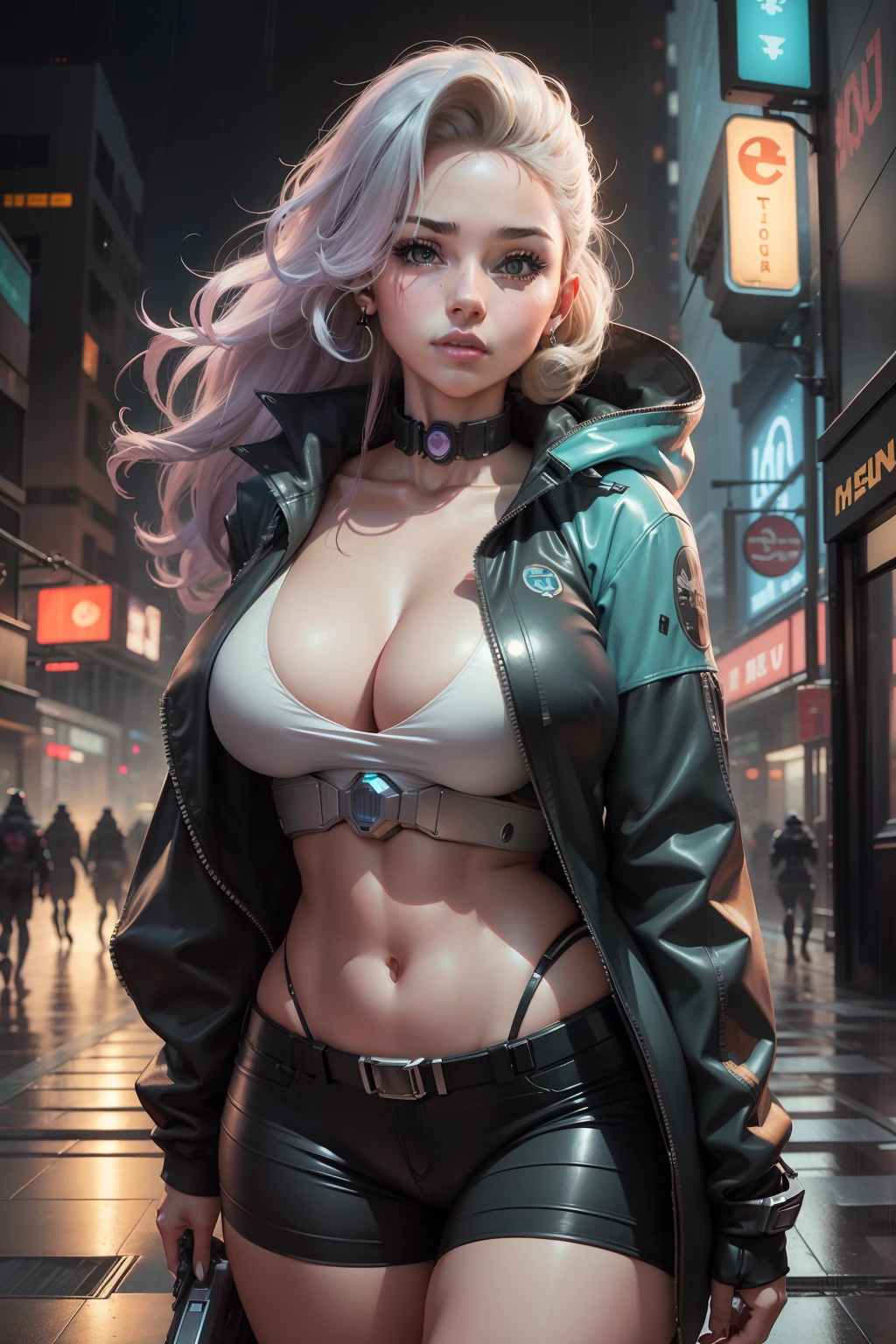 Una hermosa, Curvy and impressive robot woman named Bean with a medium bust, Caminando bajo la lluvia, dibujado en estilo de arte semi anime, Robot cyberpunk