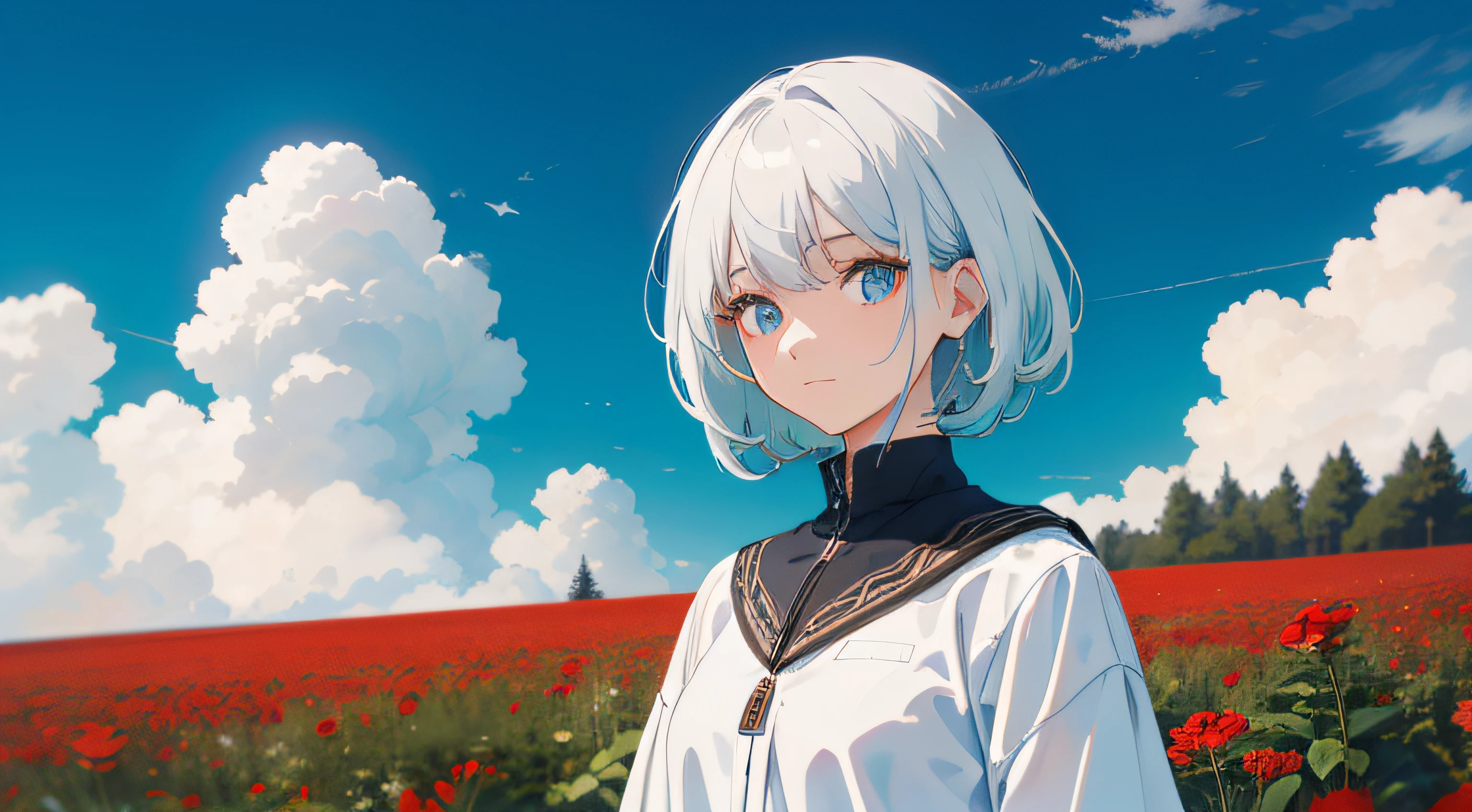 Red flower field，Girl with white hair，blue colored eyes，White clothes，dark blue sky，Clouds