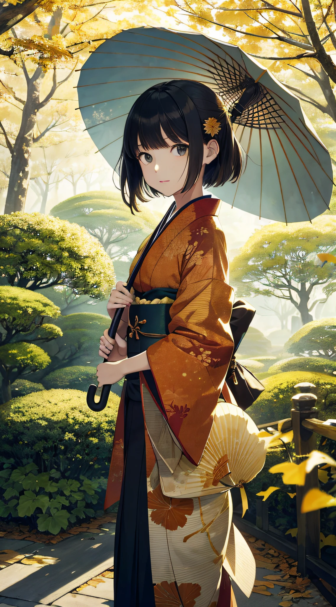 autumnal,beautiful Girl(1girll:1.3),A high resolution,ultra - detailed,ginko,Ginkgo tree,Japan kimono,holding a umbrella,Noon time,And focus on the subtle details and atmosphere of the scene,in style of hayao miyazaki,