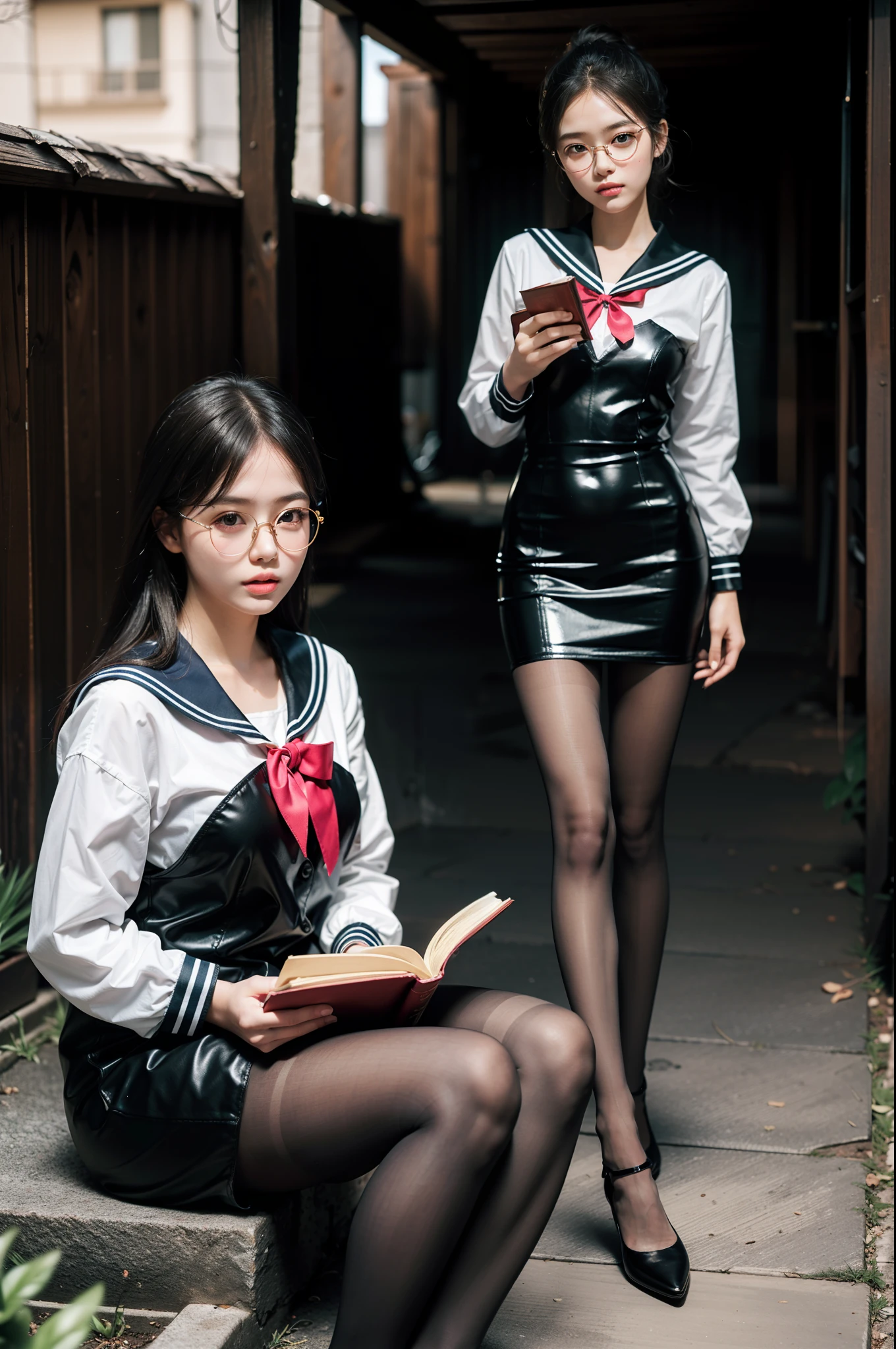 (full body:1.5)，(1girl:1.3),(view the viewer:1.4)，(anatomy correct:1.3),(Sitting in the hot spring:1.2),(He wears large glasses and holds a book in his hand:1.15),(shy:1.15)，(transparent Sailor dress with ribbons:1.2),(Tan Pantyhose:1.3),( Uniform high heels leather shoes with bows for female students:1.1)，(Accurate and perfect face:1.3),hyper HD, Ray traching, reflective light， structurally correct, Award-Awarded, high detail, lighten shade contrast, Face lighting ，cinematic lighting, masterpiece, super detailing, high quality, high detail, best quality, 16k，High contrast,