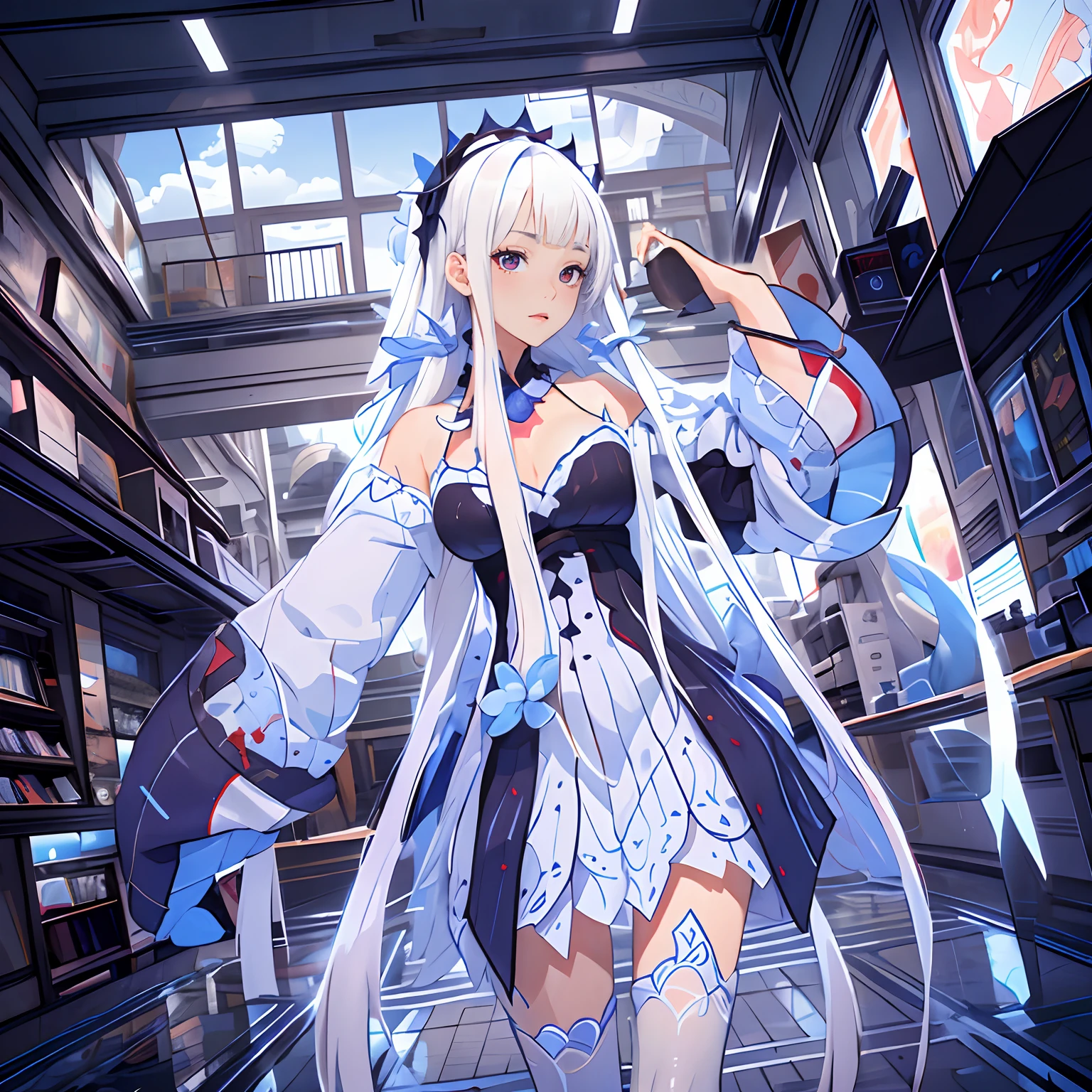 ((Best quality)), ((Masterpiece)), ((Ultra-detailed)), (illustration), (Detailed light), (An extremely delicate and beautiful), Dramatic perspective,A charming young girl,Long white hair,Red pupils,a blue dress,Half chest exposed,Long sleeves,white stockings