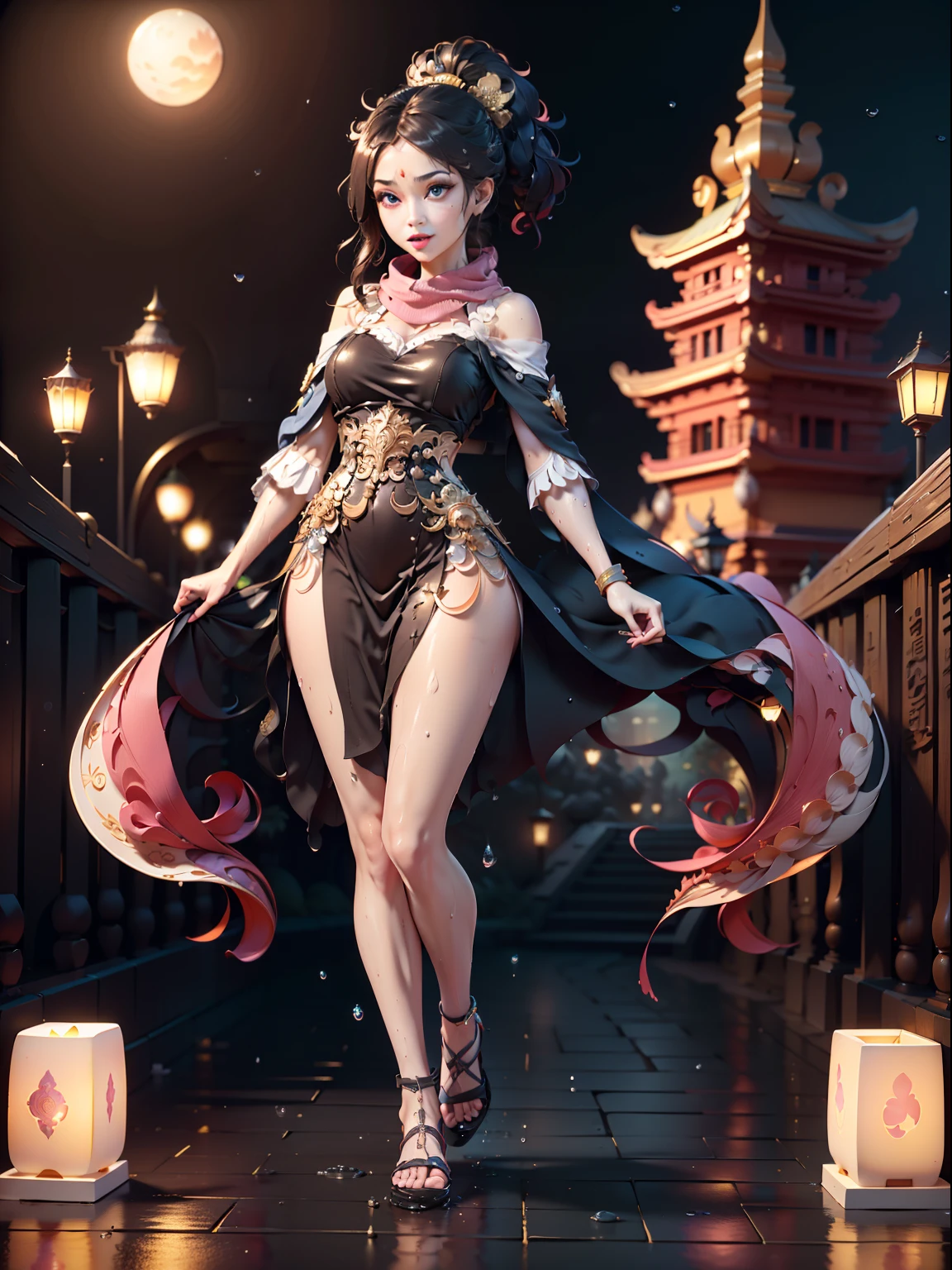Highest quality, Very detailed, (Realistic), masterpiece, Realistic, Realistic Human Proportions, Fantastic realism, Perfect lighting, Soft Light, Natural light, Physically Based Rendering, Auto White Balance, 4K,alone,Browsing Caution,One girl, (Miyu Edelfelt),,Black Hair,Brown eyes,Captivating smile,Browsing Caution, barefoot, See-through dress, butterfly, butterfly hair ornaments, backless dress, Chinese clothing,No sleeve, Double Bang,Golden dragon print,barefoot,,Elbow hand pockets,Hair Bun, hair ornaments,jewelry,Earrings,anklet,Slim legs,Manicure, Small breasts, alone, toeManicure, foot nail, Five fingers, Twin tails,Outdoor,Chinese style architecture, Chinese style, lake, Ancient Town, Beautiful and gentle water,Red Lantern,firework,masterpiece, Highest quality,Very detailedな, Perfect face shape, nose, Red lips, Detailed eyes, (The iris and pupil are round, The pupil reflects the environment, Eyes vary in size々) eyeliner, eyelash, Smooth Hair, Smooth Skin, Pose for a photo