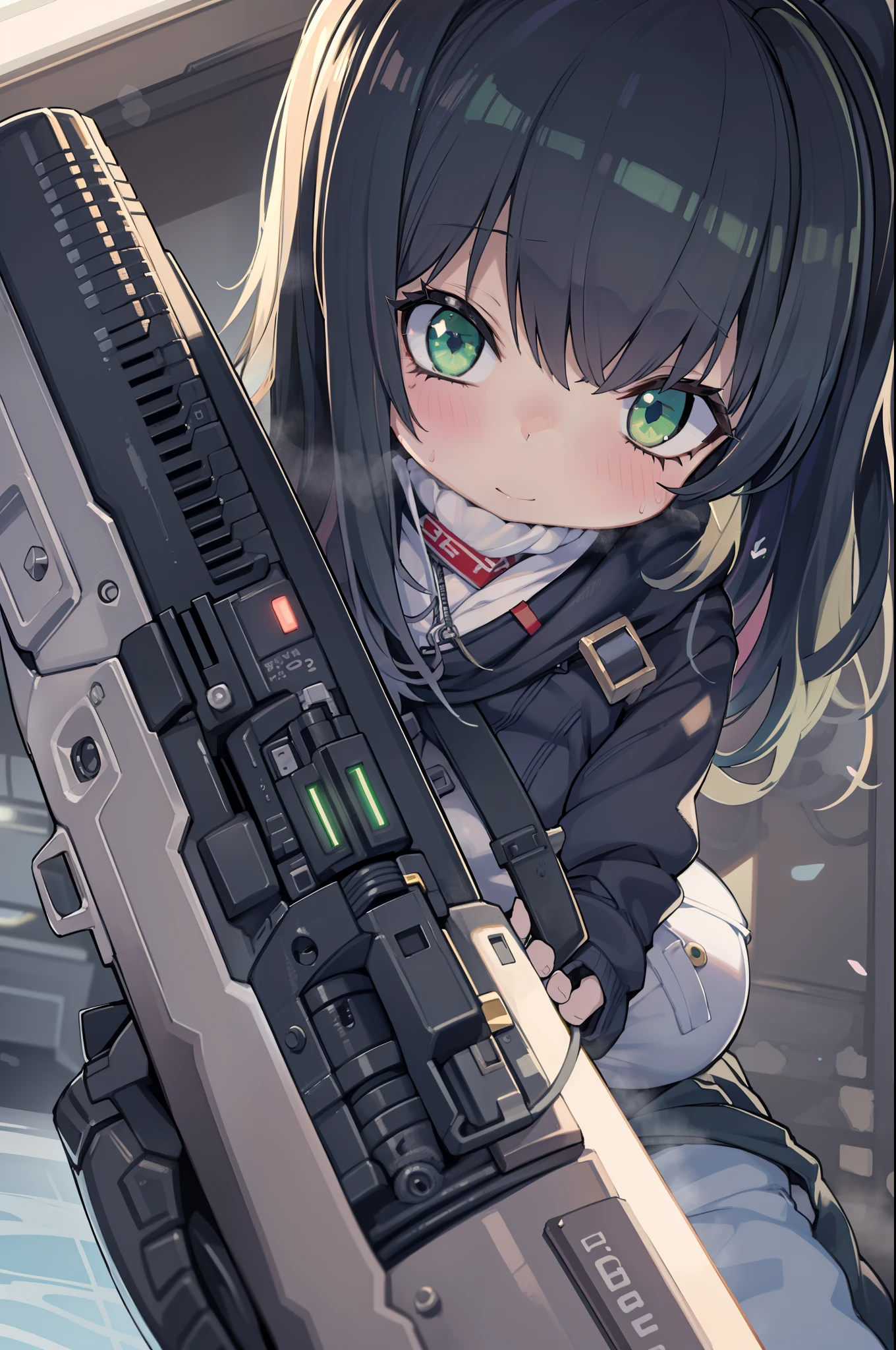 Huge assault rifle、Long sideburns、Anime-style girl with beautiful whole body, clean detailed faces, ciber,analogous colors, Glowing shadows, beautiful gradients, depth of fields, CLEAN IMAGE, High quality,Black Parker Closing、 high detailing, High Definition, blush, Fit, Heavenly Beauty, Very detailed, Soft lighting, Full body,Green&Black hair,Green eyes、huge-breasted