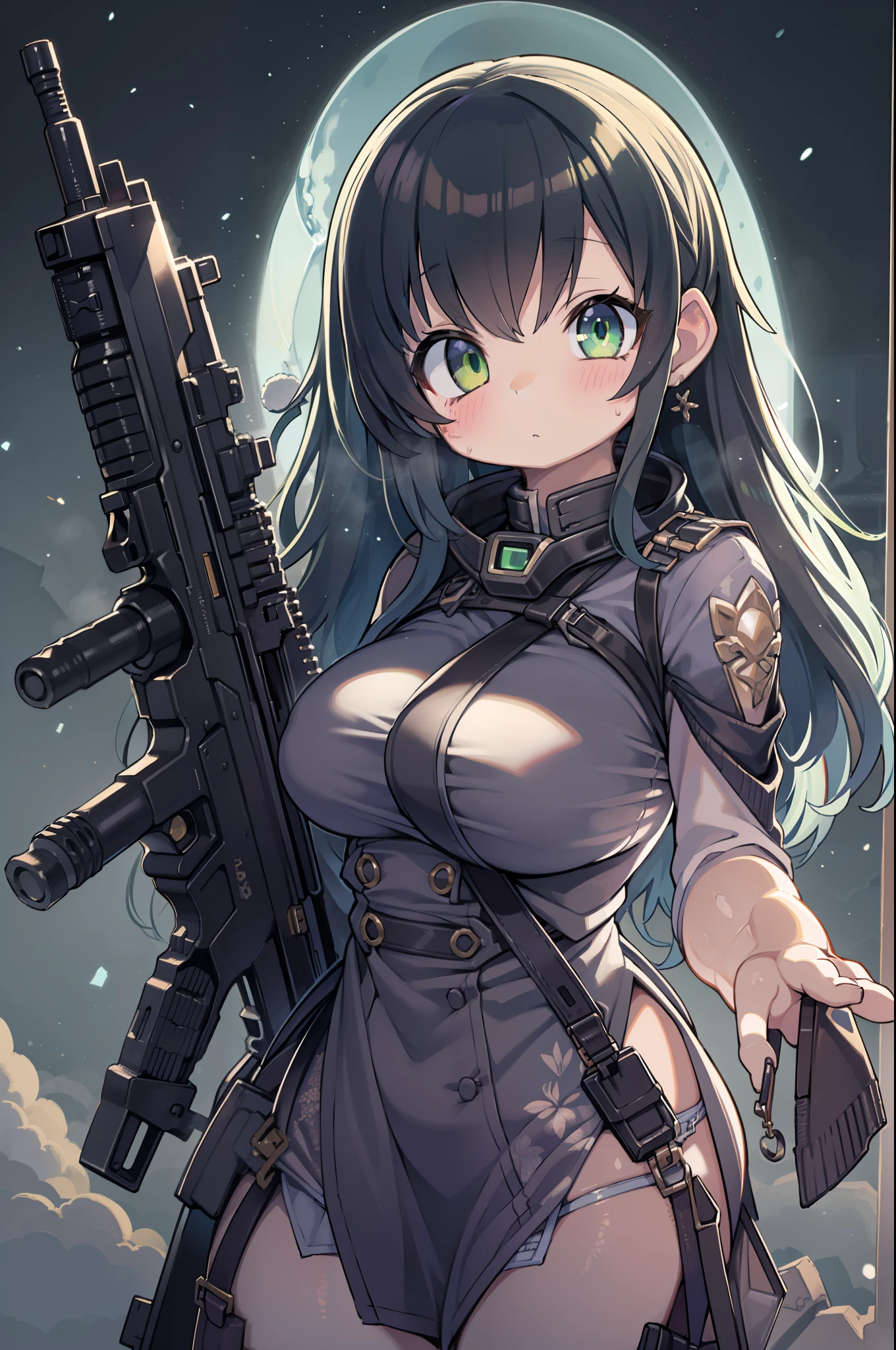 (((Hold a huge assault rifle)))、Long sideburns、Anime-style girl with beautiful whole body, clean detailed faces, ciber,analogous colors, Glowing shadows, beautiful gradients, depth of fields, CLEAN IMAGE, High quality,Black Parker Closing、 high detailing, High Definition, blush, Fit, Heavenly Beauty, Very detailed, Soft lighting, Full body,Green&Black hair,Green eyes、(((huge-breasted))),Very Wide Shot、bbw、big butts、In heavy rain、Huge assault rifle、chubby、big butts、it is raining