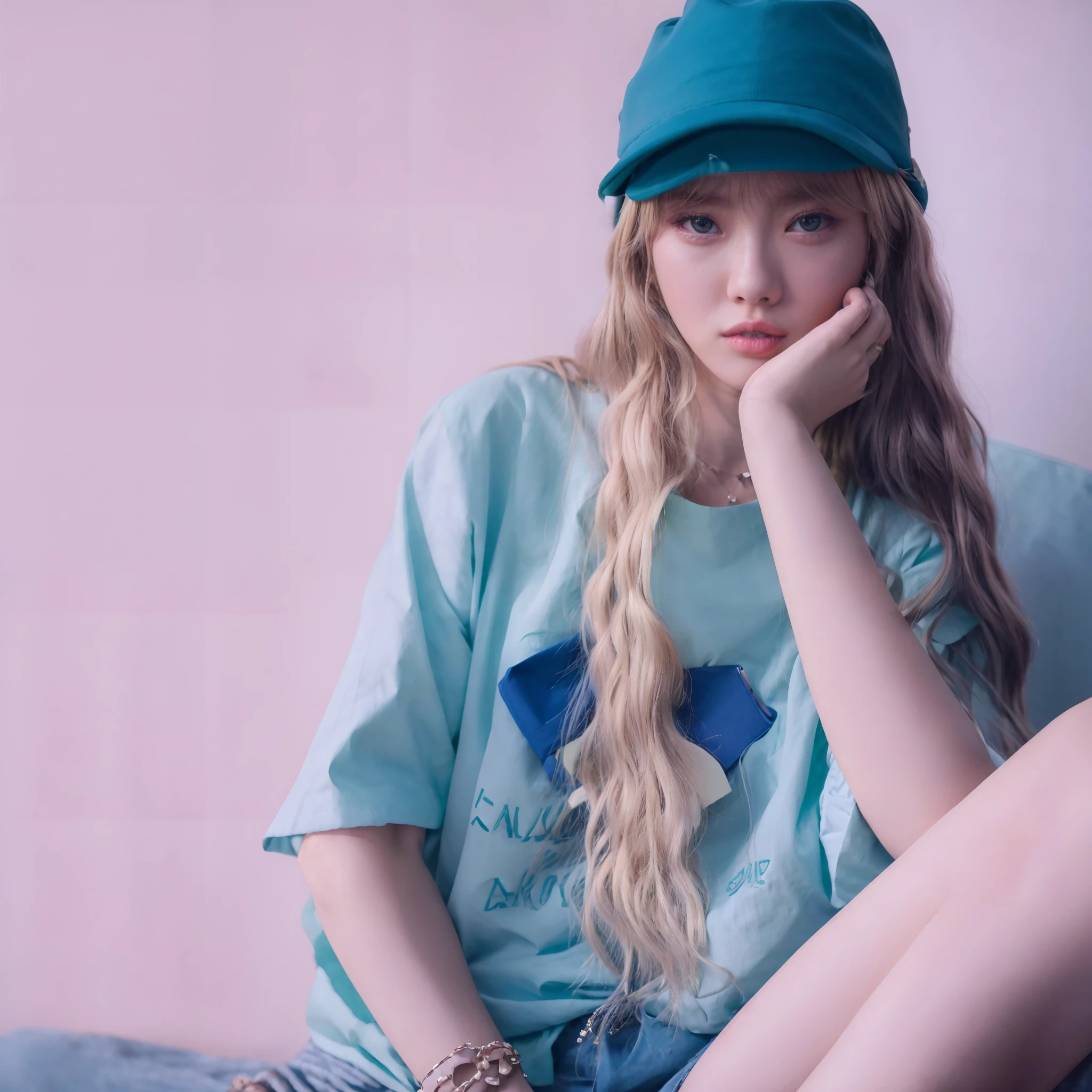 araffe girl with long blonde hair wearing a blue hat and a green shirt, roseanne park of blackpink, lalisa manoban of blackpink, lalisa manobal, with teal clothes, portrait of jossi of blackpink, sun yunjoo, ulzzang, lofi portrait, jossi of blackpink, lofi girl, she is wearing streetwear