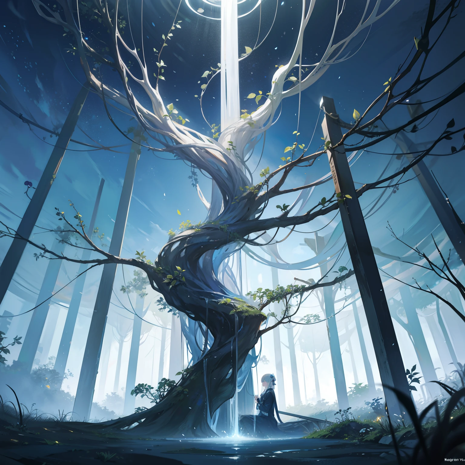 A large silver steel tree flowing with mercury，There are fiber-optic cable vines with electricity，Straight to the spiked tree roots under the steel plate，Grows glowing energy lamp fruit