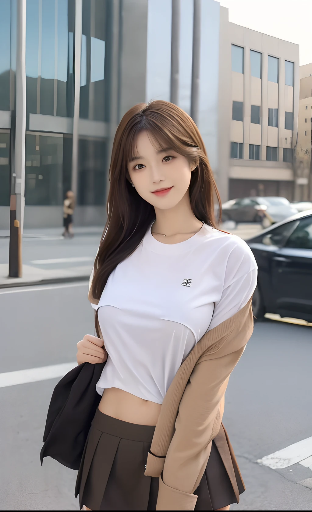 Full body image of one woman、((top-quality、8K、masterpiece:1.3))、foco nítido:1.2、Beautiful Women in Perfect Style:1.4、Slender Abs:1.2、((dark brown hair、Colossal tits:1.2))、(natural soft light、Street:1.1)、Highly detailed facial and skin texture、A detailed eye、二重まぶた、((vestments、Border Shirt、Wearing a border shirt))、((wearing miniskirt)、)A smile、