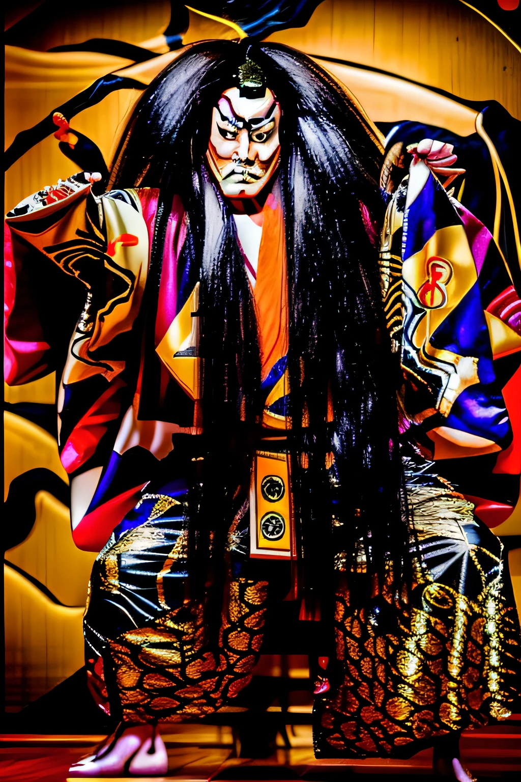 Kabukiza,Kabuki actor,ember,male people,Kime Pose,Long hair,Scary face,The background is the stage,a cool,