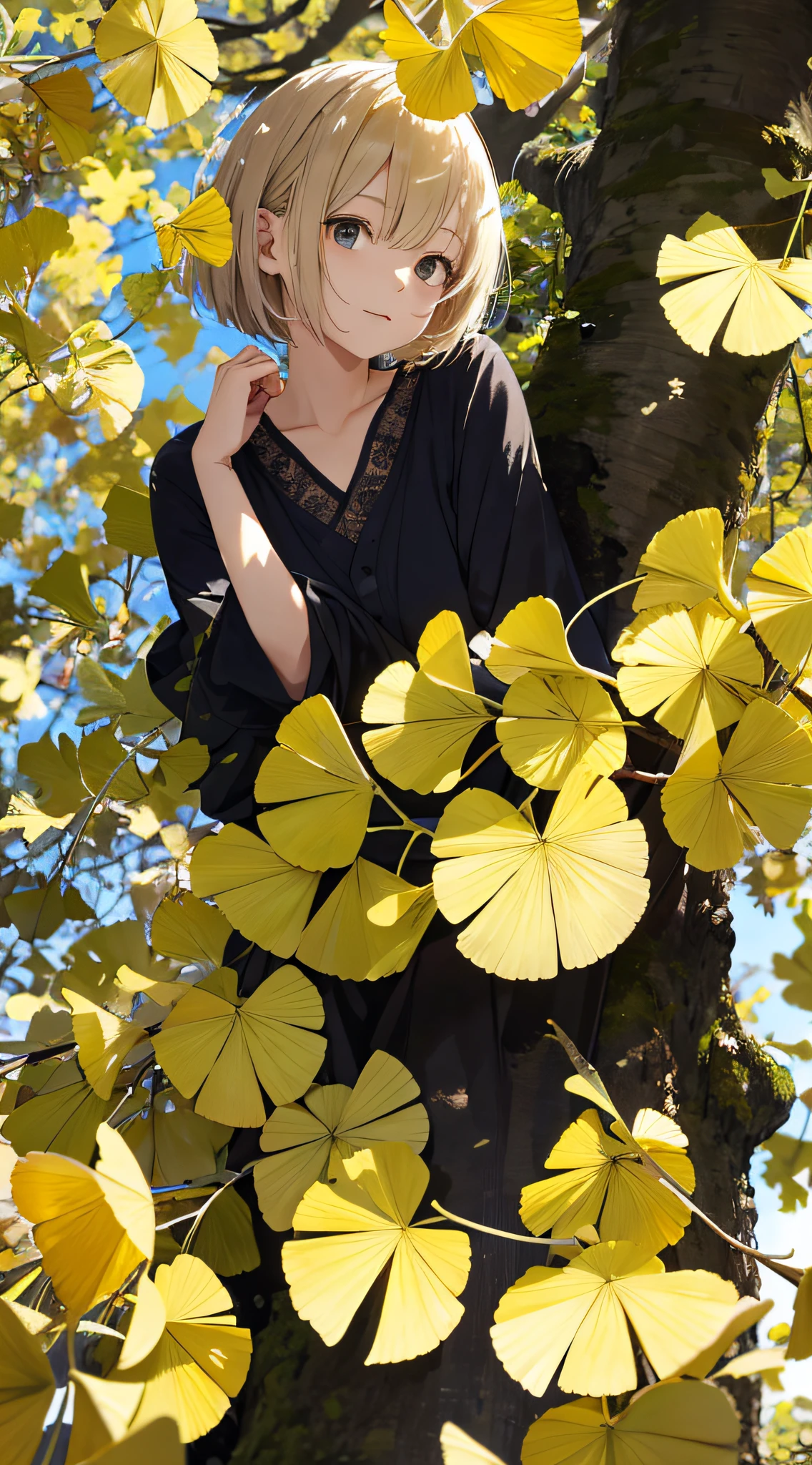 autumnal,beautiful Girl(1girll:1.3),A high resolution,ultra - detailed,ginko,Ginkgo tree,komono,Noon time,And focus on the subtle details and atmosphere of the scene。