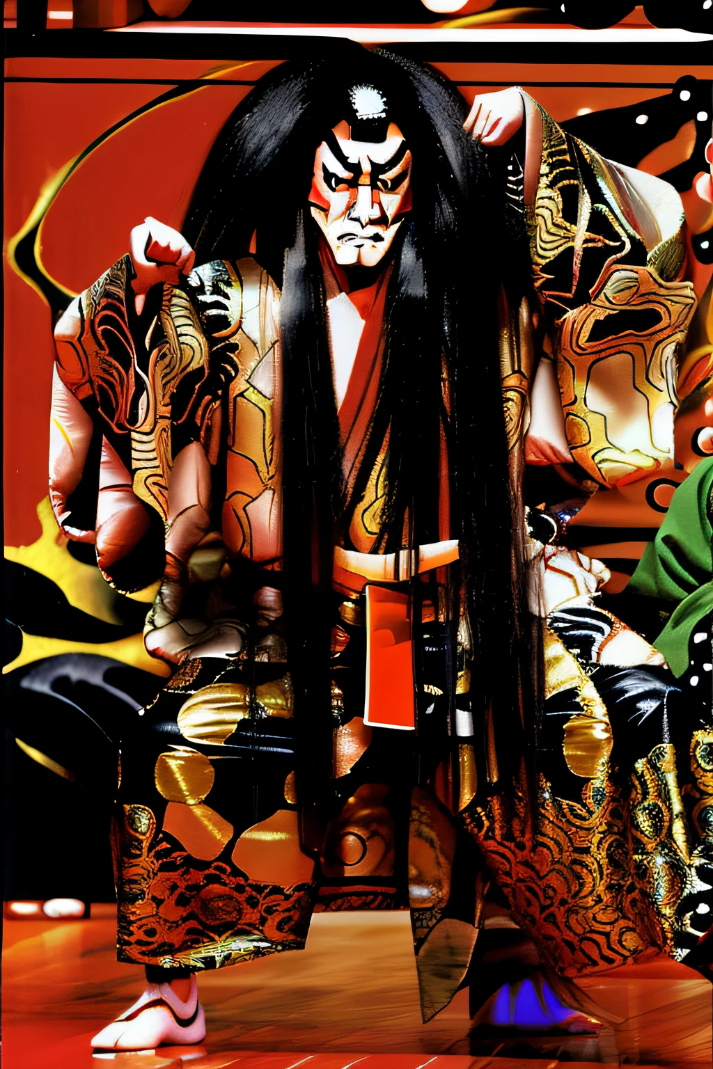 Kabukiza,Kabuki actor,ember,male people,Kime Pose,Long hair,Scary face,The background is the stage,a cool,