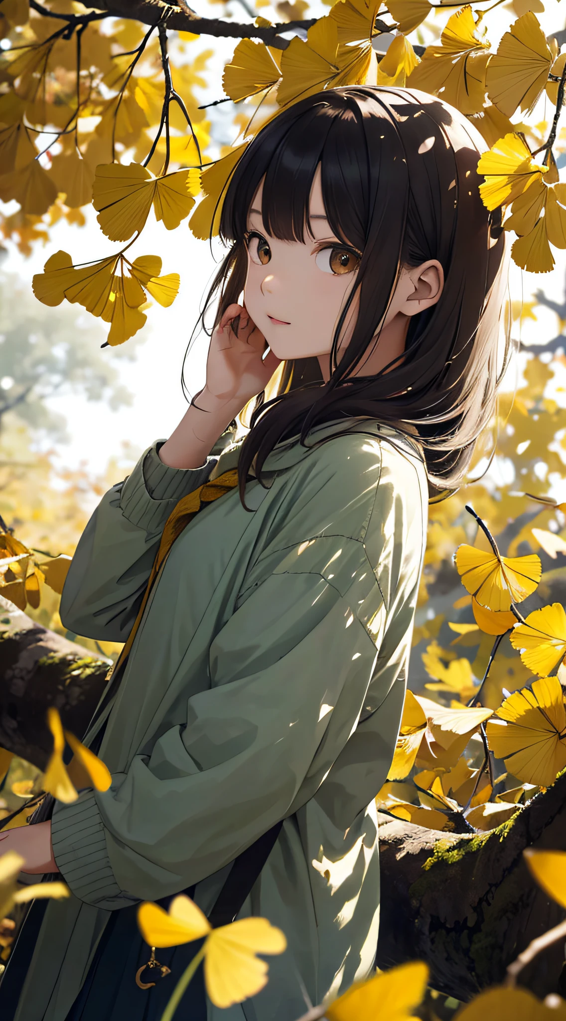 autumnal，beautiful  Girl（1girll：1.3），A high resolution，ultra - detailed，ginko，Ginkgo tree，komono，Noon time，And focus on the subtle details and atmosphere of the scene。