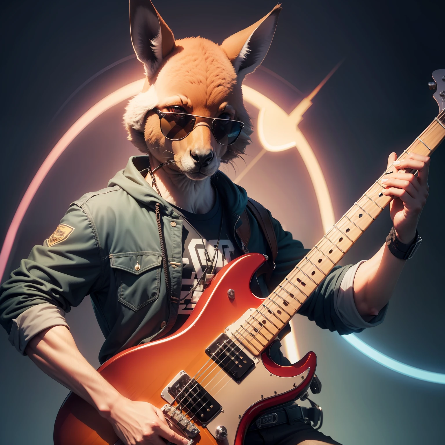 A kangaroo with sunglasses playing an electric guitar