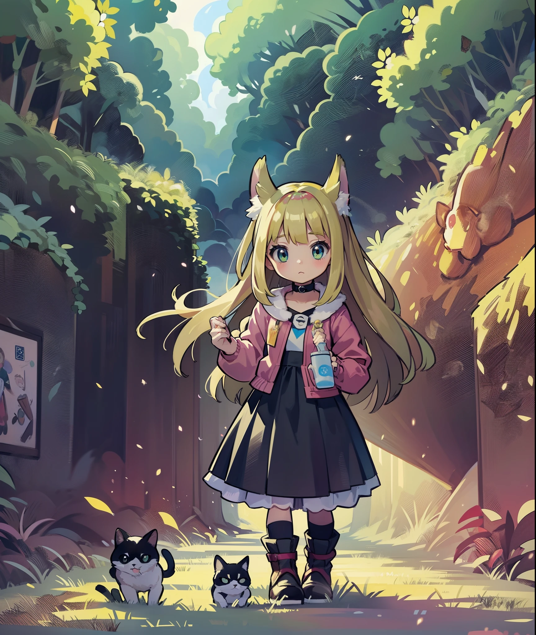 1girl in,A pokémon_The card,(top-quality), (high_quality), (Convoluted_Details), (ultra-detailliert), (illustratio), (Distinct_image),saito_naoki,amazing background、Rainbow View、With cats（（Cute cat１.５））