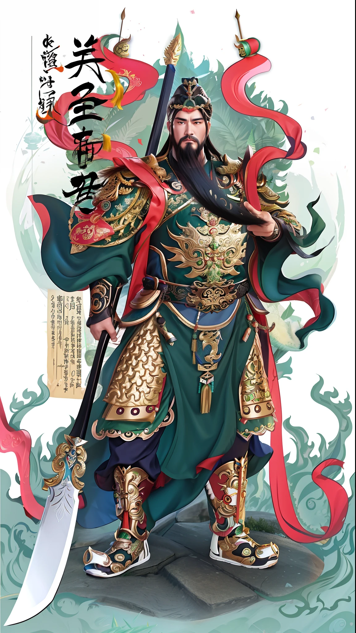 a cartoon of a man in a green outfit holding a sword, guan yu, inspired by Xuande Emperor, inspired by Hu Zaobin, inspired by Huang Shen, chinese warrior, by Xuande Emperor, the god emperor of mankind, inspired by Wu Bin, inspired by Huang Ding, chinese mythology, inspired by Zhang Wo, inspired by Li Cheng, chinese three kingdoms