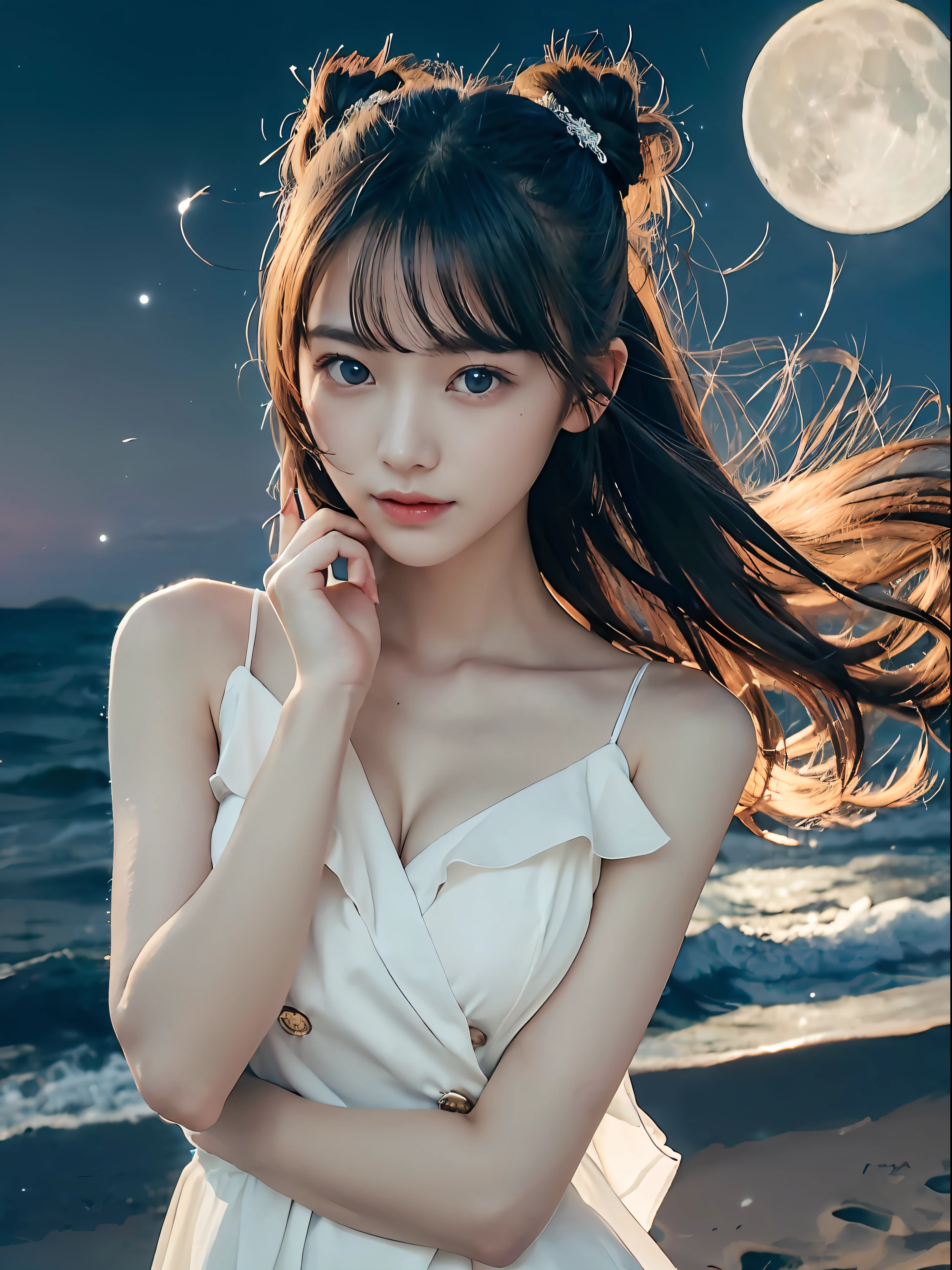 (logo、masterpiece、8k、Tabletop、RAW Photos、wonderful、最high quality、フォトリアルでVery detailedなCG合成8k壁紙、high quality、Very detailed、Narrative poem、Particle Effects、Dynamic Effects、Depth of the Boundary)What is written is、Cinematic Light、Lens flare、Ray Tracing）、Fantasy、（Purple Dress）、（night、night空、Starry Sky、full moon）、（Girl looking up at the sky）、sit、cute、Japanese style、 (smile)、Long Hair、Strong winds、(Hair blowing in the wind)、Natural light、moonlight、(Horizontal photography)、(chest emphasis)、(Low position)、(Low - Angle)