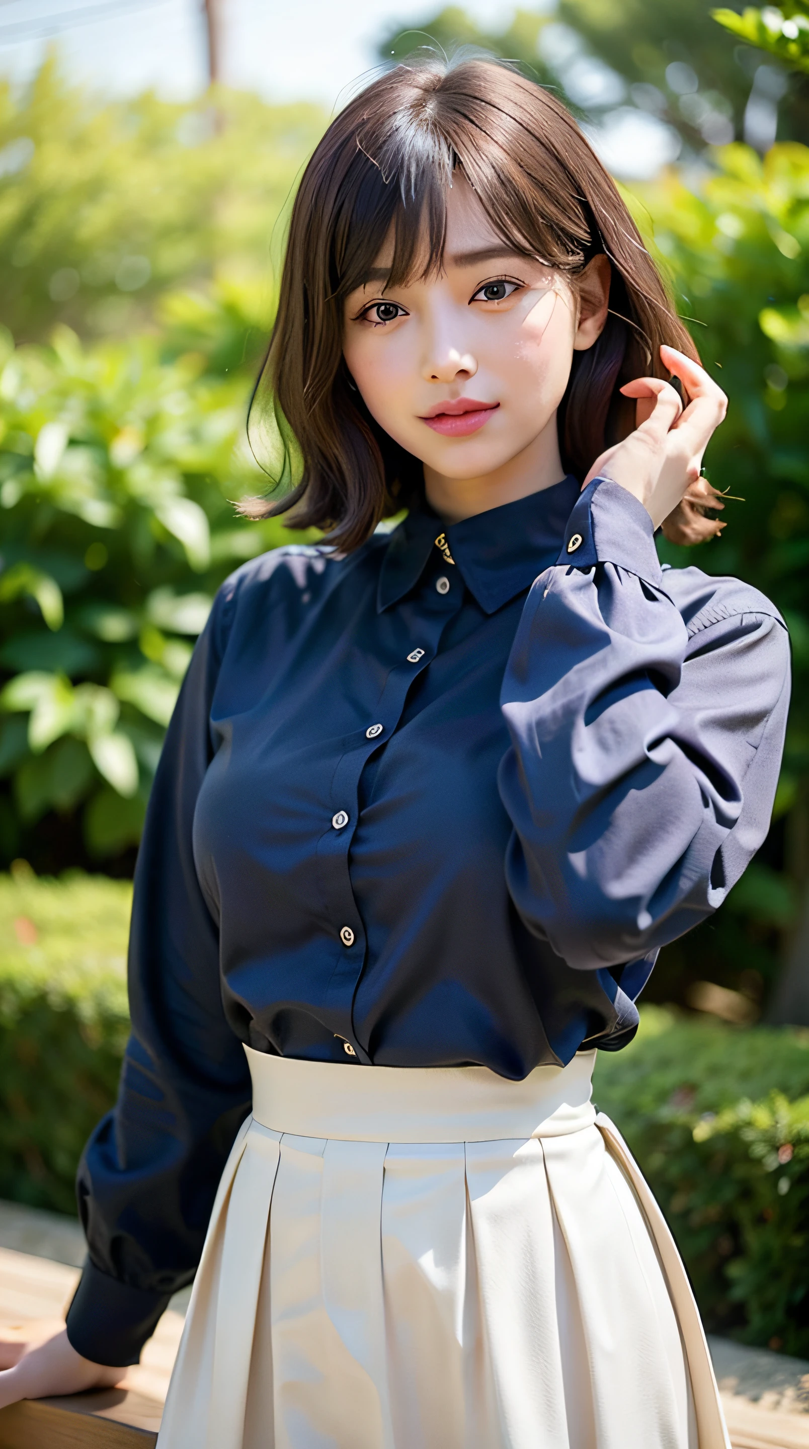 (Raw photo, Best Quality), (Realistic, Photorealsitic:1.3), masutepiece, Extremely delicate and beautiful, Soft light, (Brown hair, Short hair swaying in the wind, Bangs), Beautiful detailed girl, (Detailed fingers), extremely detailed eye and face, beautiful detailed nose, Beautiful detailed eyes, 1 girl, Japanese, Neat and clean beauty, Cute, 年轻, Smile, Silk Collar Shirt, skirt, (Half body:1.3), (medium breasts), Realistic face, Realistic body, Outdoors