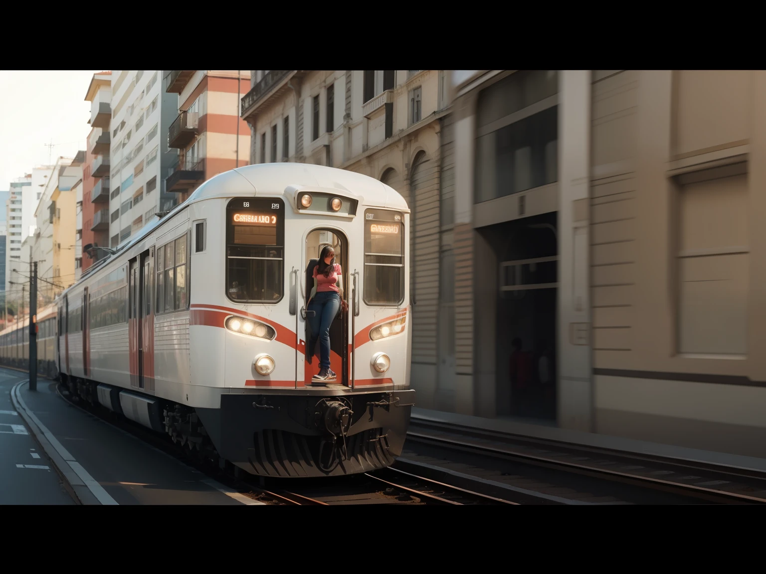 coloque uma pessoa de frente tentando frear o trem