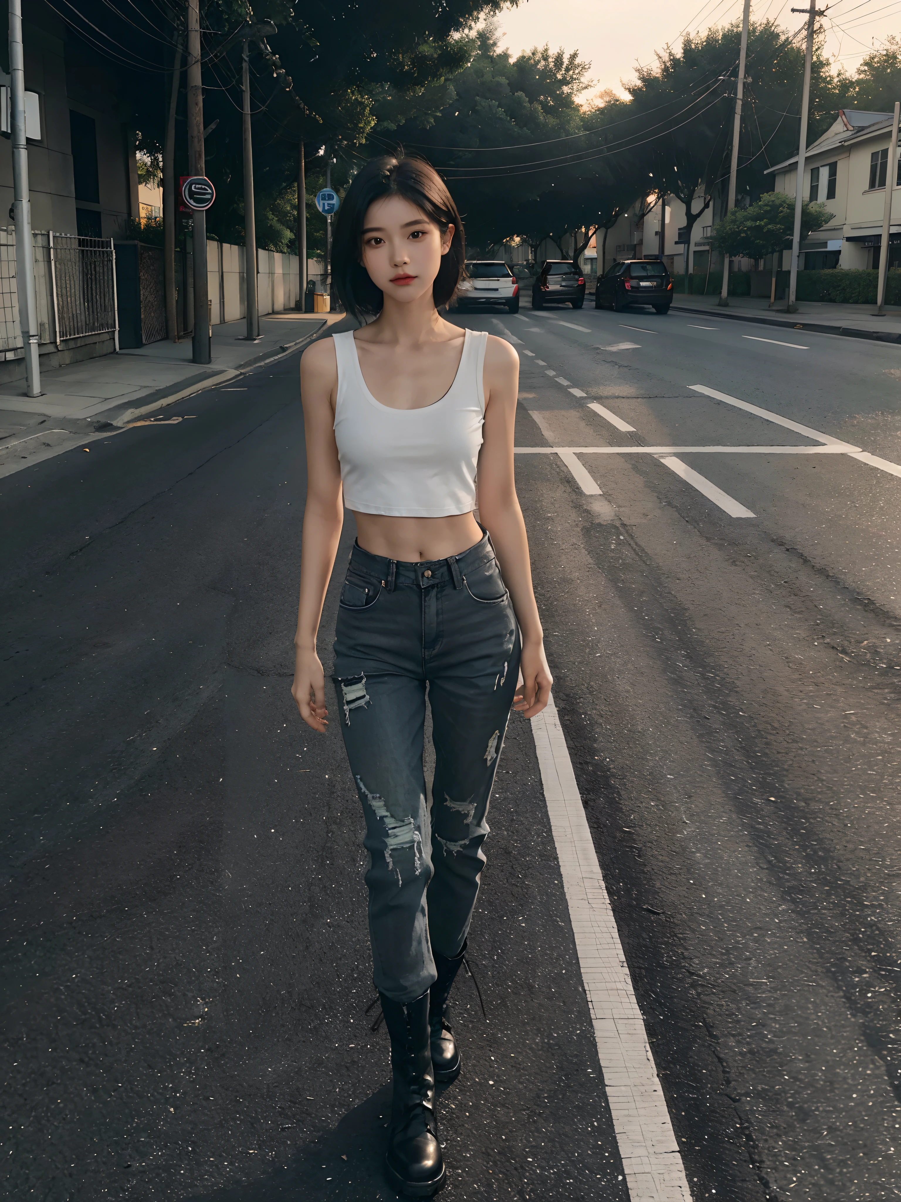 ((smallunderboob,Tomboyish,small heads)), (Well-defined abs: 1.1), (perfect bodies: 1.1), (short-length straighthair: 1.2), Black hair, upper body photos, attractive collarbone，nabel，（极其细致的CG 8k壁纸），（Extremely refined and beautiful），（tmasterpiece），（best qualtiy：1.0），（超A high resolution：1.0），beautiful light up，Perfect lightning，realistic shaded，[A high resolution]，Smooth and flawless fair skin，ultra - detailed ，Light gray vest，Very tattered black beggar pants，There are a lot of particularly large holes in the pants，black military boots，Elongated legs，flatchest，Slim，emaciated，at the doorstep of a school，on the roadside，A sea of people，are standing，Dusk light，summertime，Cup of coffee in hand，dense with greenery