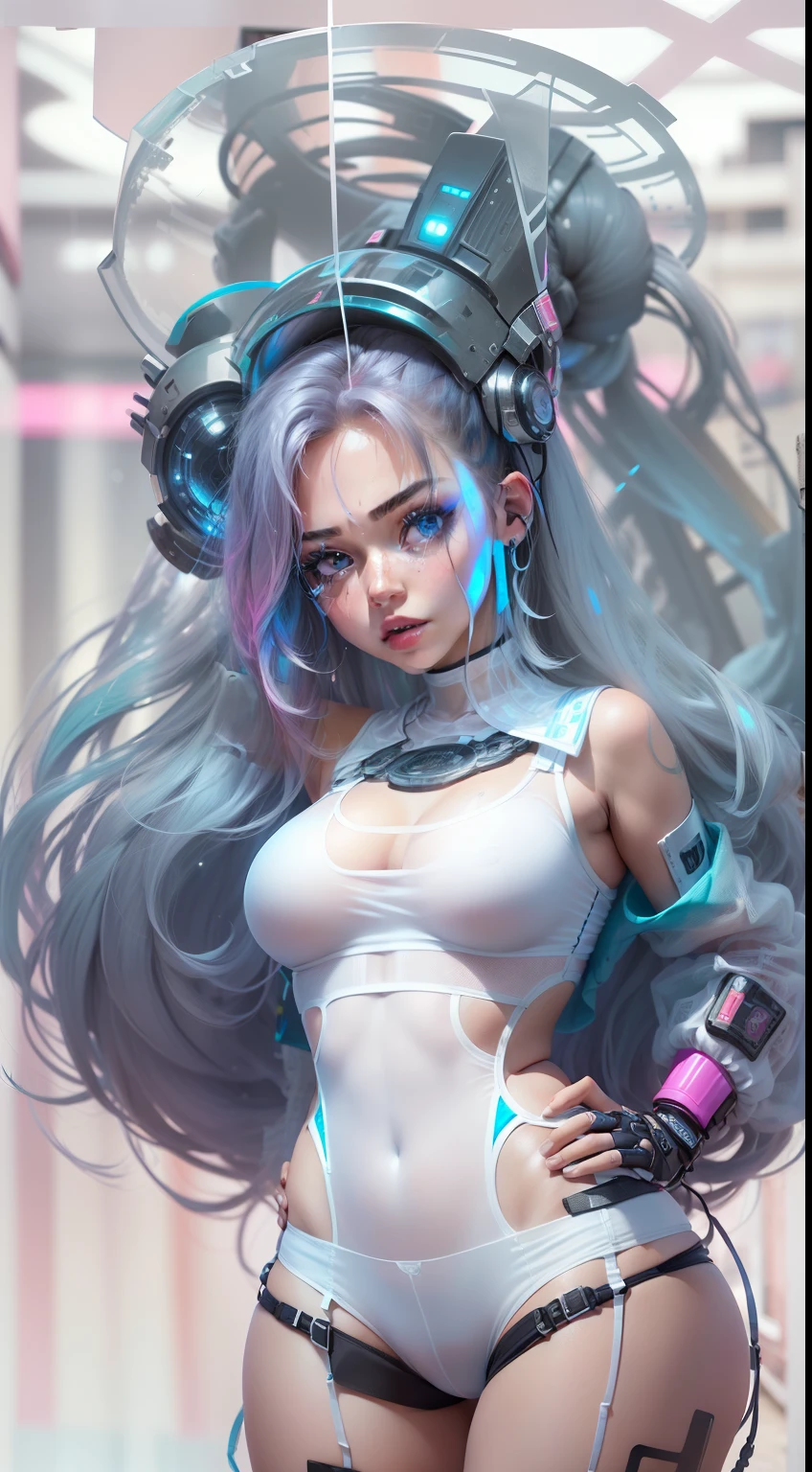 ((1 girl)solamente(18 years old), cuerpo completo(cyberpunk), pechos muy grandes, very large buttocks, Cintura delgada, ojos azules, delineador(rosado), Iris Rosa, negro(corto) cabello, tierno(retorcido) cara, Llevar una Uni blanca, minifalda(blanco y azul), (ropa interior(blanco(transparente))(muy apretado)(mostrando la figura de tu parte privada)), Ropa interior empapada(white liquid), mirando al espectador, The viewer is looking at their underwear,