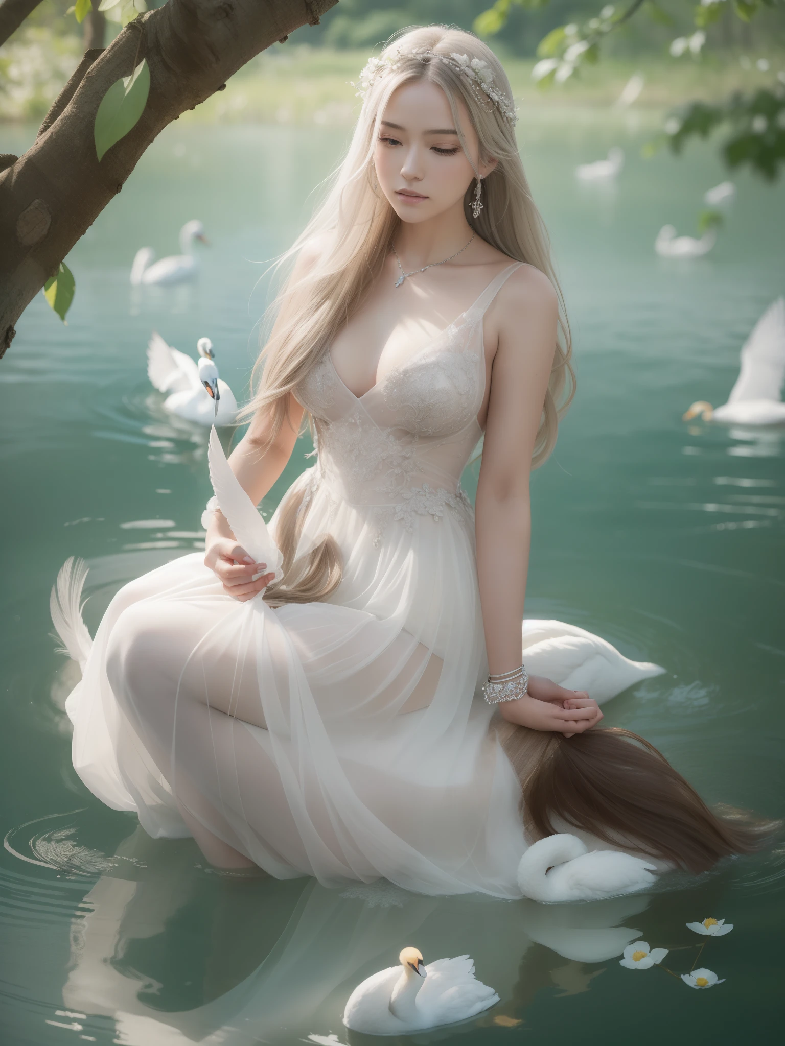 (masutepiece,Best Quality:1.4),(8K,Raw photo,photographrealistic:1.2),(FULL BODYSHOT:1.1),Swan Goddess, Flowing Silver Hair, Pure White Silk Dress, Delicate Lace Adorning the Bodice of the Dress, beautiful woman, beautiful face, By the side of a tranquil and beautiful lake nestled in nature,detailed skin,detailed face,detailed eyes, Crystal Ballet Shoes, Graceful Pendant Necklace, Thin Transparent Bracelet,where swan feathers dance in the air, surrounded by beautiful flowers and trees, White light reflecting on the water's surface