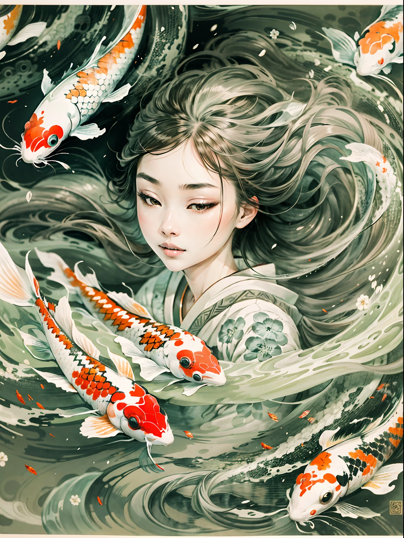 "A captivating scene of graceful koi fish elegantly swirling around a young girl, resembling an exquisite Japanese ink painting."