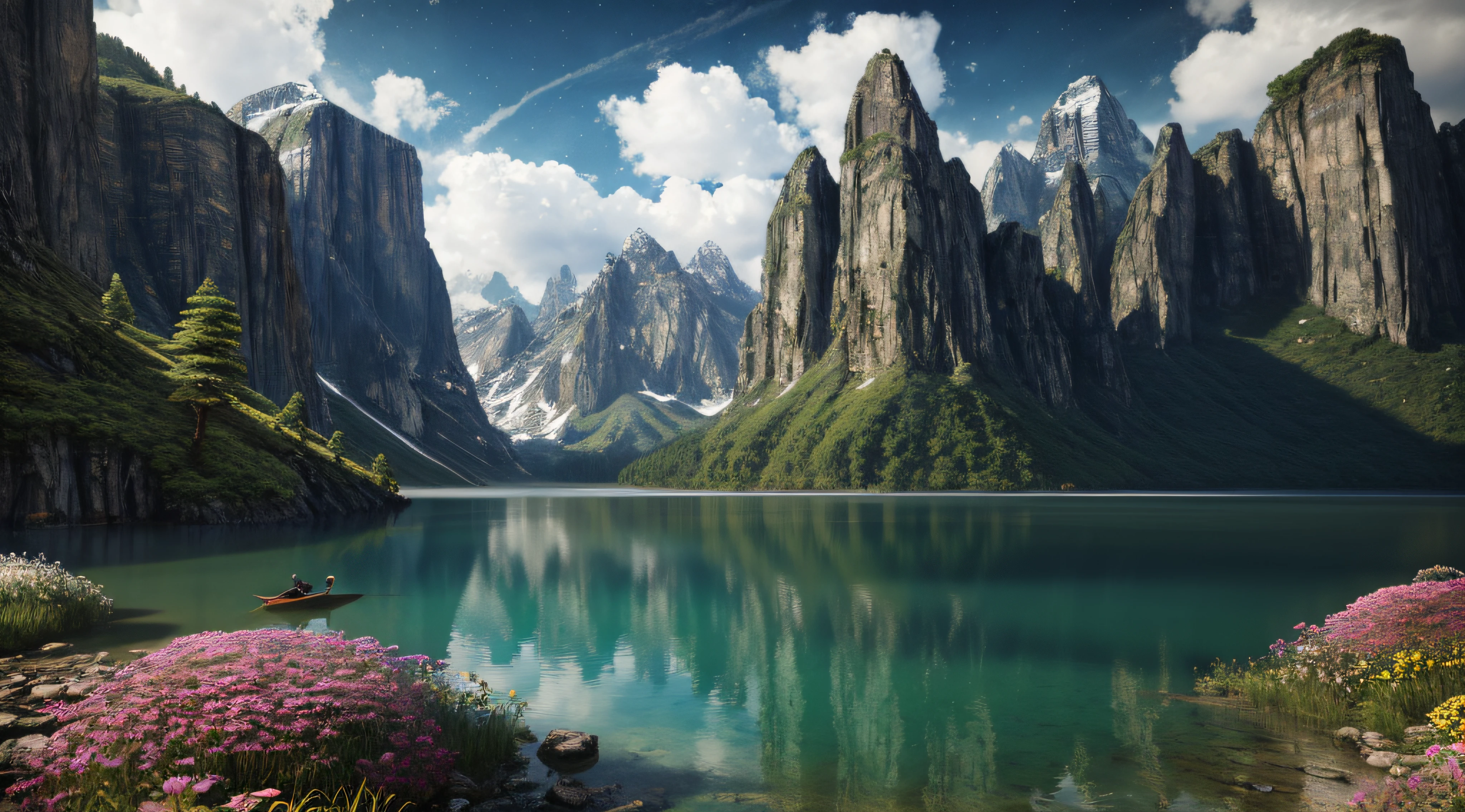Masterpiece, best quality, high quality, extremely detailed CG unity 8k wallpaper, landscape, outdoor, sky, cloud, sky, no humans, mountain, landscape, water, tree, blue sky, waterfall, cliff, nature, lake, river , cloudy skies, award winning photography, bokeh, depth of field, HDR, bloom, chromatic aberration, photorealism, very detailed, trending on artstation, trending on CGsociety, intricate, high detail, dramatic, midjourney art