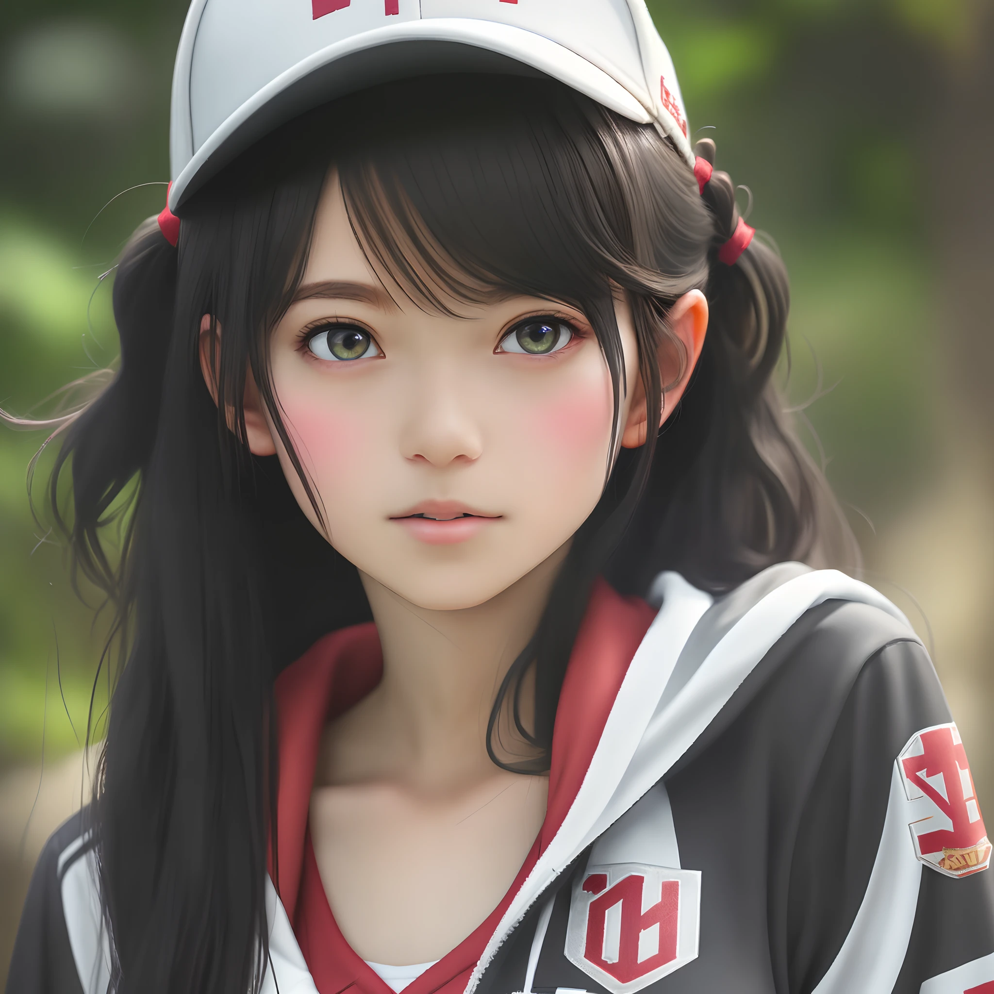 1female，11yo，small loli，bit girl，Tiny breasts，Pornographic exposure， 独奏，（Background with：ln the forest，the rainforest，in summer） with his long black hair，standing on your feet，Sweat profusely，drenched all over the body，seen from the front， curlies， mostly cloudy sky，（（（tmasterpiece），（Very detailed CG unity 8K wallpaper），best qualtiy，cinmatic lighting，detailed back ground，beatiful detailed eyes，Bright pupils，（Very fine and beautiful），（Beautiful and detailed eye description），ultra - detailed，tmasterpiece，）），facing at camera，A high resolution，ultra - detailed），revealing breasts，Bare genitalia， Raised ，Camel toes，Flushed complexion，Open-mouthed，frontage，baseball cap（Wearing：Red baseball jacket，Black jumpsuits，）nakeness，
