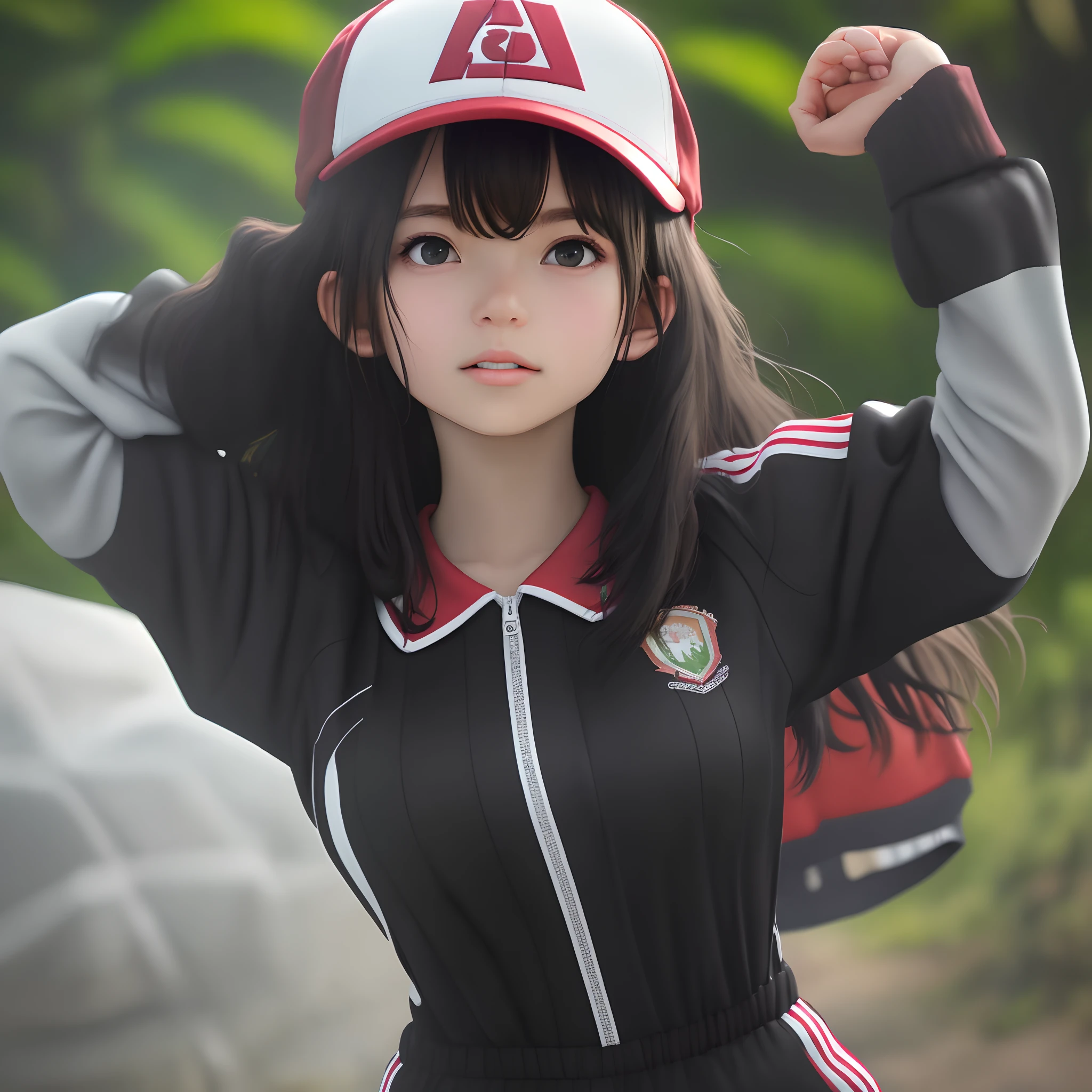 1female，11yo，small loli，bit girl，Tiny breasts，Pornographic exposure， 独奏，（Background with：ln the forest，the rainforest，in summer） with his long black hair，standing on your feet，Sweat profusely，drenched all over the body，seen from the front， curlies， mostly cloudy sky，（（（tmasterpiece），（Very detailed CG unity 8K wallpaper），best qualtiy，cinmatic lighting，detailed back ground，beatiful detailed eyes，Bright pupils，（Very fine and beautiful），（Beautiful and detailed eye description），ultra - detailed，tmasterpiece，）），facing at camera，A high resolution，ultra - detailed），revealing breasts，Bare genitalia， Raised ，Camel toes，Flushed complexion，Open-mouthed，frontage，baseball cap（Wearing：Red baseball jacket，Black jumpsuits，）nakeness，