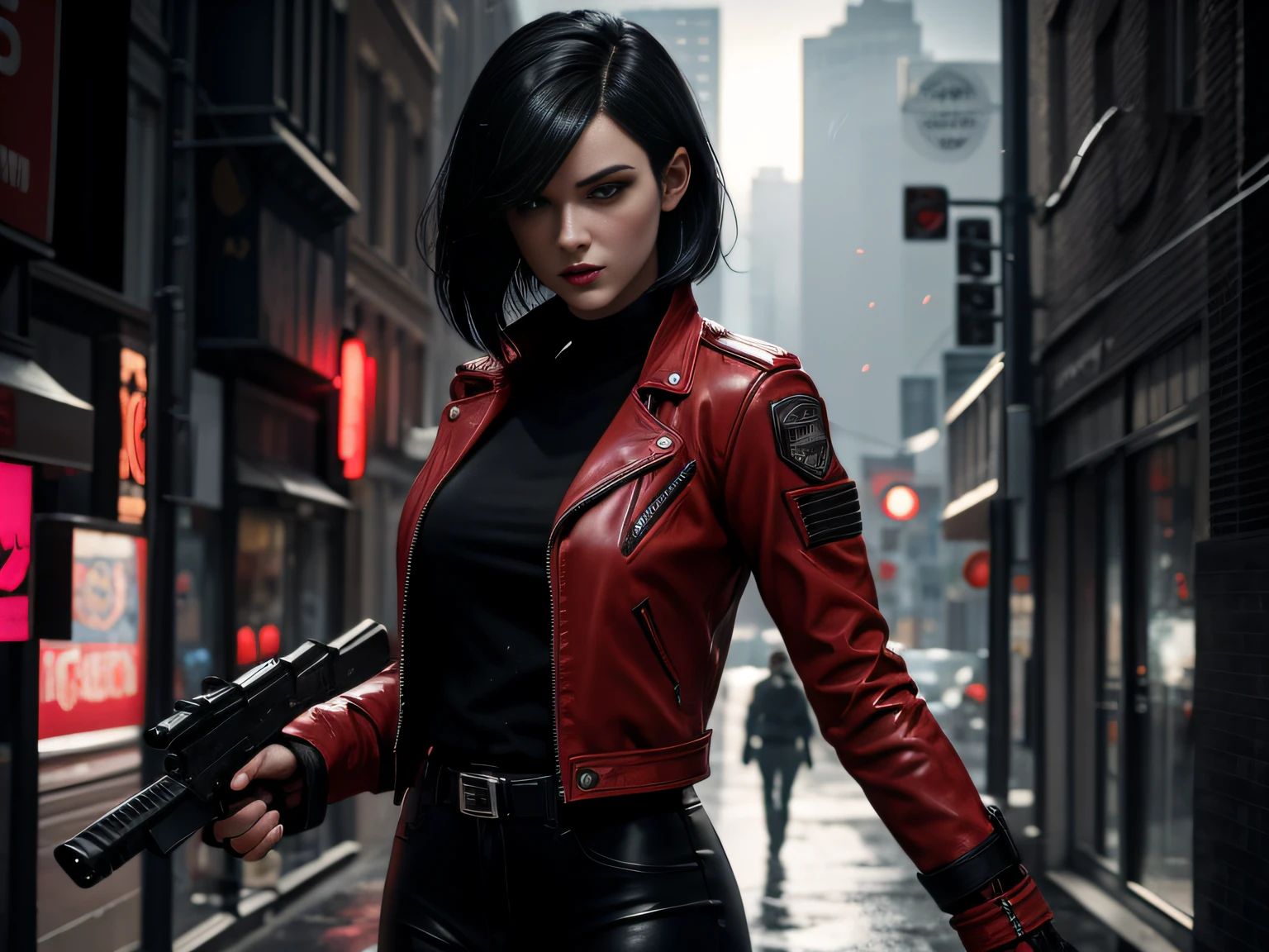 a beautiful 25 years old British female vampire mercenary wearing red leather jacket and black tight pants, with short black hair, pale skin, holding dual handguns, splash art style, battle ready pose, dynamic angle shot, photo realism, volumetric lighting, intricate hand details, highly detailed, vibrant colors, cinematic, neoprene, featured on Unsplash, stylized digital art, 8k, trending on Artstation