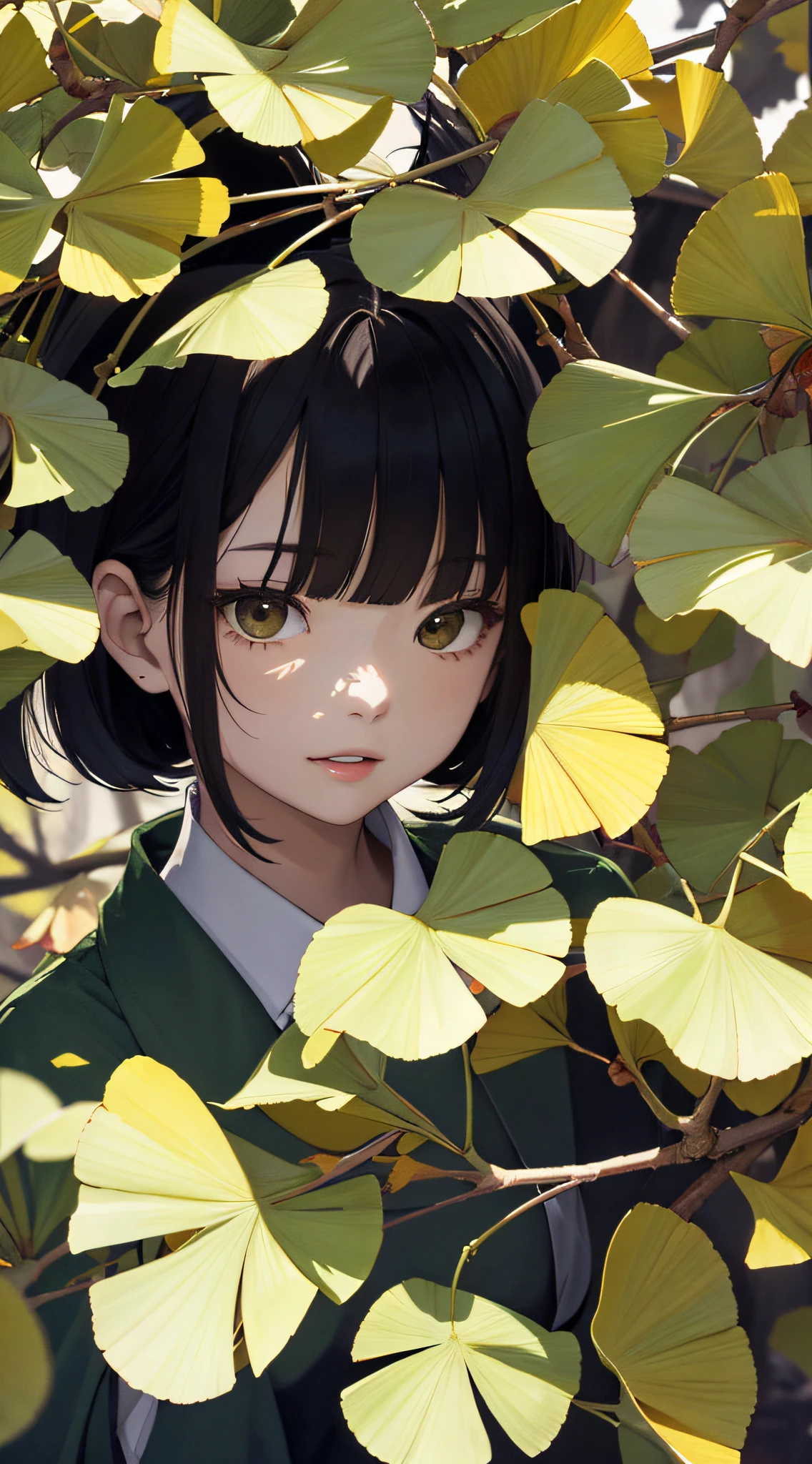 autumnal，beautiful  Girl（1girll：1.3），A high resolution，ultra - detailed，ginko，Ginkgo tree，komono，Noon time，And focus on the subtle details and atmosphere of the scene。