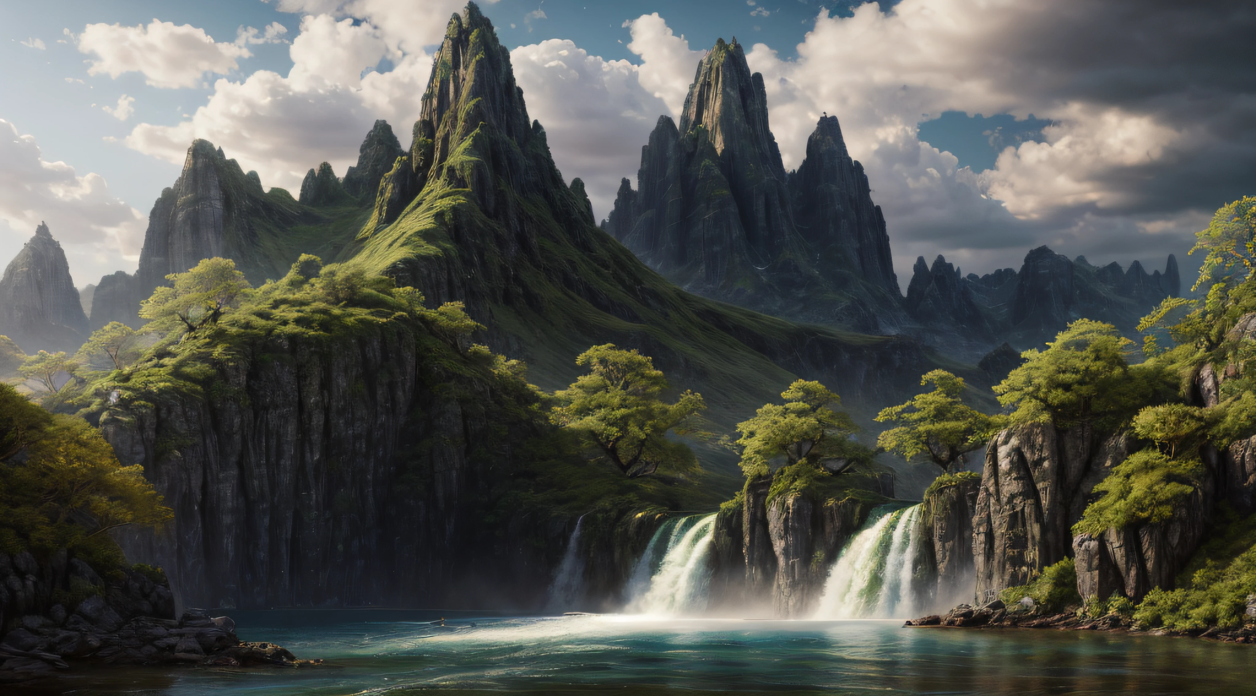 Masterpiece, best quality, high quality, extremely detailed CG unity 8k wallpaper, landscape, outdoor, sky, cloud, sky, no humans, mountain, landscape, water, tree, blue sky, waterfall, cliff, nature, lake, river , cloudy skies, award winning photography, bokeh, depth of field, HDR, bloom, chromatic aberration, photorealism, very detailed, trending on artstation, trending on CGsociety, intricate, high detail, dramatic, midjourney art
