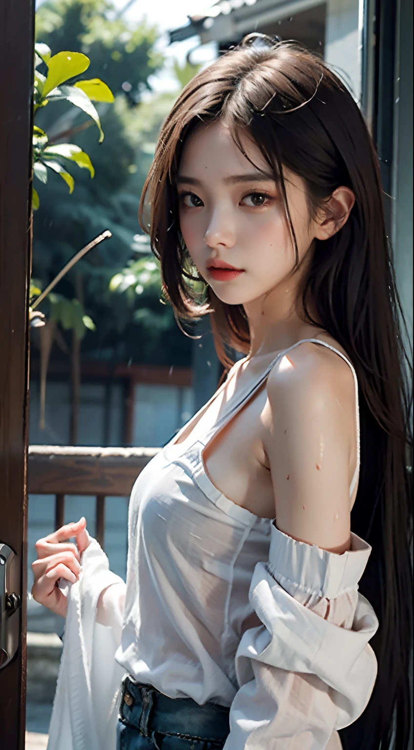 (Hyper-realistic), (Illustration), (High resolution), (8K), (Extremely detailed), (Best Illustration), Yol ( chain saw man ), (Beautiful detailed eyes), (Best Quality), (Ultra-detailed), (masutepiece), (Wallpaper), (Detailed face), Solo, Upper body, Focus on Face, 1 girl, Long Black Hair, Korean, Thin eyeshadow, A detailed eye, Brown eyes, Small moles under the eyes, very slender legs,Small breasts,Smaller chest,Black knee socks, Dynamic Pose, low illuminance, Night, Dark, Clouds, a dark night,sleeps in a bed,Happy,White panty,Naked,Face drenched in foam,splashing water on the body,Reluctant face,