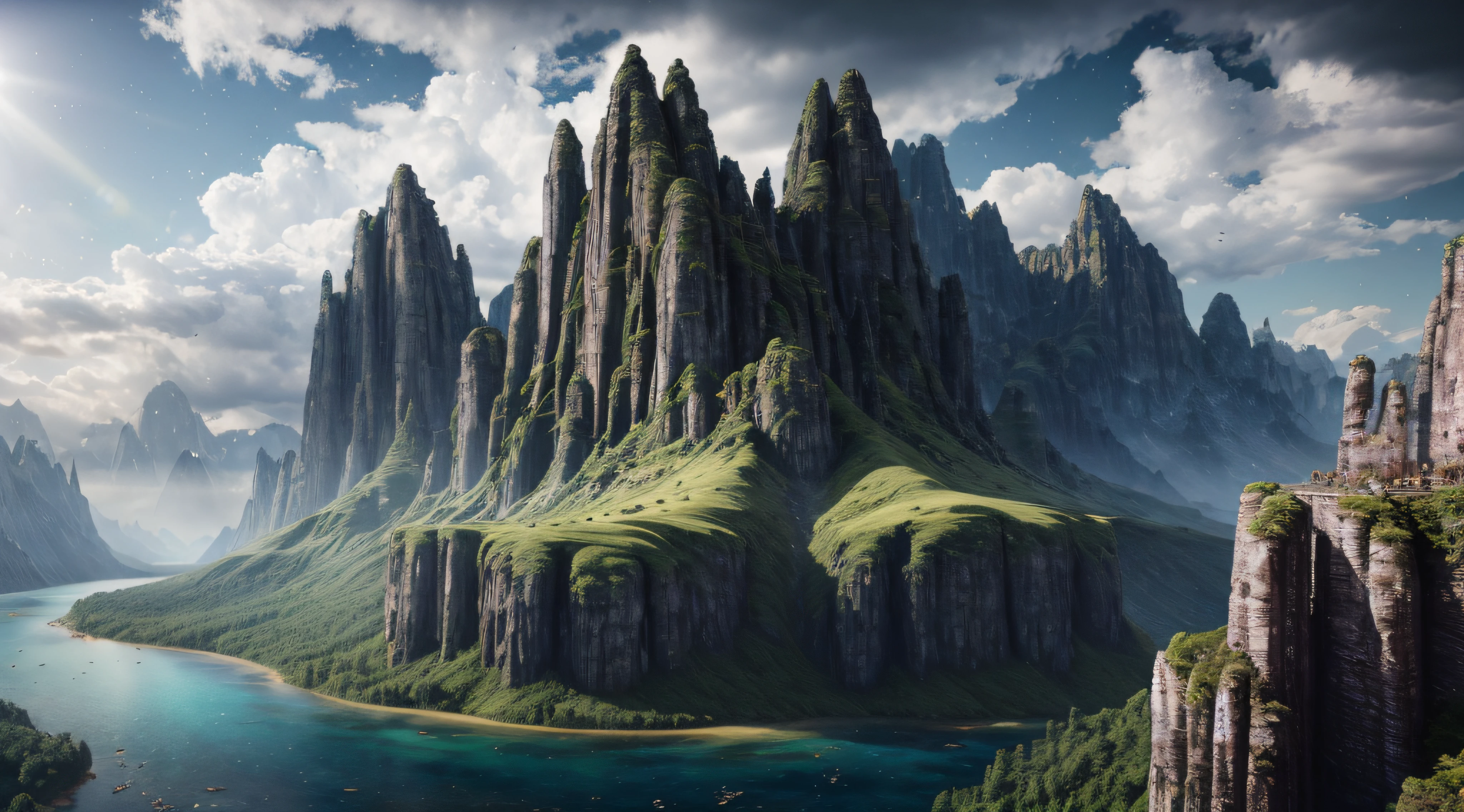 Masterpiece, best quality, high quality, extremely detailed CG unity 8k wallpaper, landscape, outdoor, sky, cloud, sky, no humans, mountain, landscape, water, tree, blue sky, waterfall, cliff, nature, lake, river , cloudy skies, award winning photography, bokeh, depth of field, HDR, bloom, chromatic aberration, photorealism, very detailed, trending on artstation, trending on CGsociety, intricate, high detail, dramatic, midjourney art