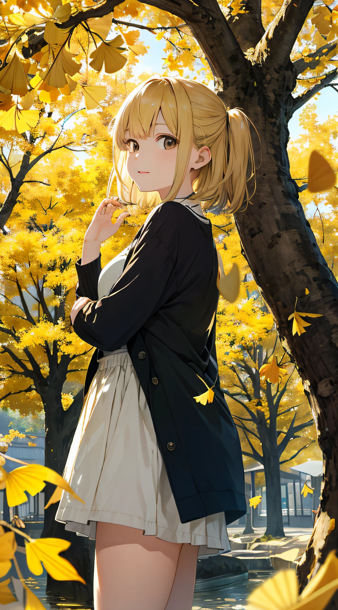 autumnal,beautiful Girl(1girll:1.3),A high resolution,ultra - detailed,ginko,Ginkgo tree,komono,Noon time,And focus on the subtle details and atmosphere of the scene。
