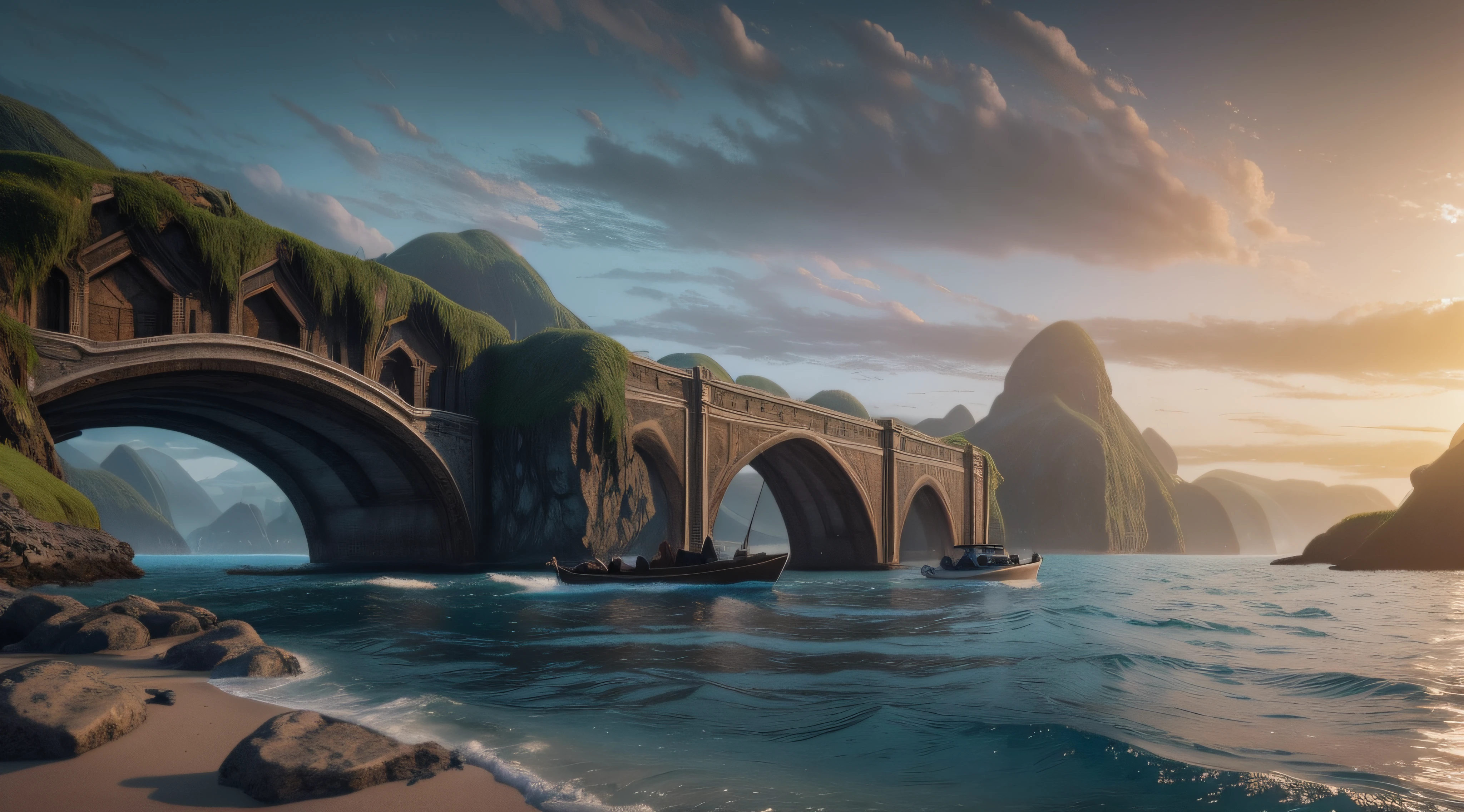 There is a boat traveling under a bridge in the water, impressive fantasy landscape, epic matte painting of an island, realistic fantasy rendering, 8 k matte painting, 8k matte painting, 4k highly detailed digital art, beautiful landscape rendering, fantasy style 8 k octane render, 4 k matte painting, matte painting 4k 8k