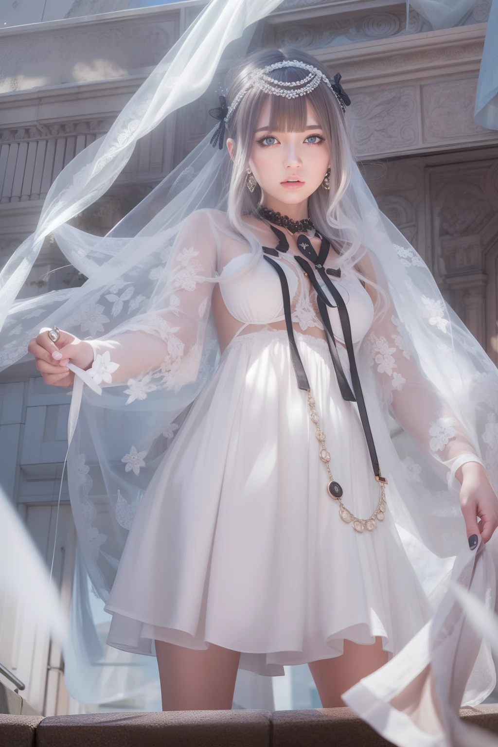 masterpiece, best quality, ultra high res, official art,{close-up},1girl, {full body:1.2},extremely detailed ,beautiful detailed girl, extremely detailed eyes and face, medium breasts,cleavage,beautiful detailed eyes,black hair, long hair, jewelry, earrings, light on face,eye contact,looking at viewer,see-through,ribbon trim, white skirt, white dress,eye shadow,necklace,outdoors, city,crosswalk,