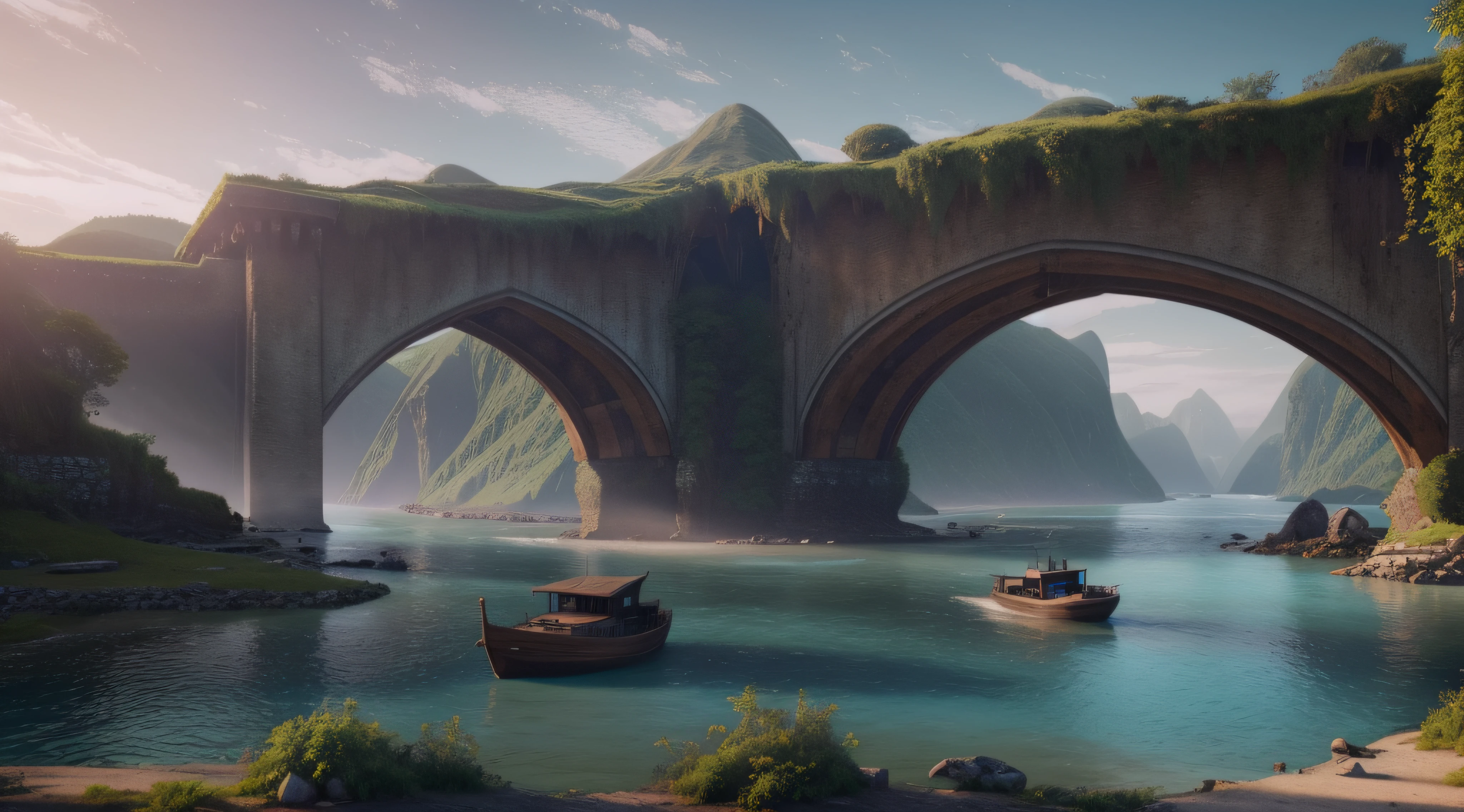 There is a boat traveling under a bridge in the water, impressive fantasy landscape, epic matte painting of an island, realistic fantasy rendering, 8 k matte painting, 8k matte painting, 4k highly detailed digital art, beautiful landscape rendering, fantasy style 8 k octane render, 4 k matte painting, matte painting 4k 8k