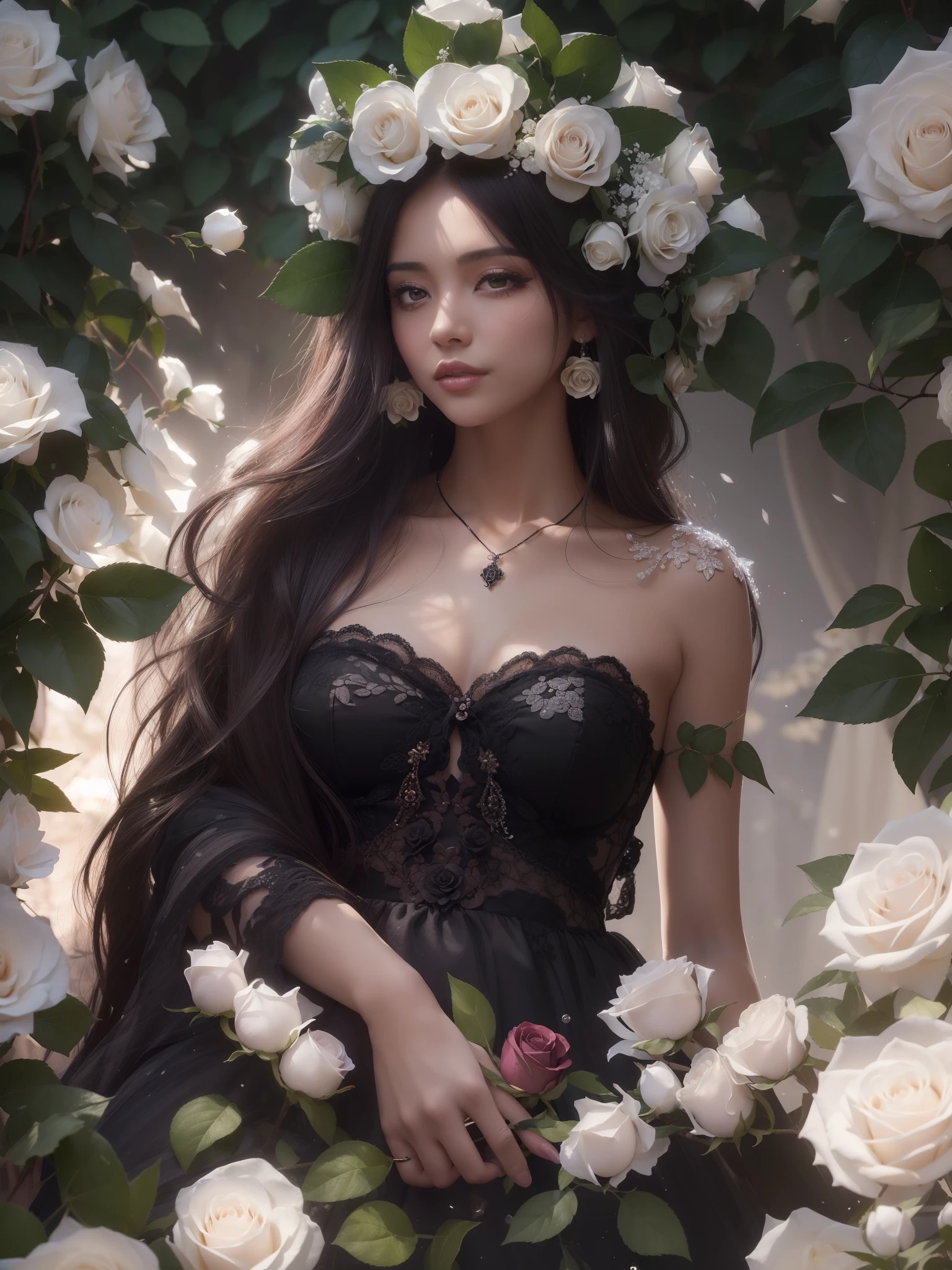 (masutepiece,Best Quality:1.4),(8K,Raw photo,photographrealistic:1.2),(FULL BODYSHOT:1.1),Goddess of black Roses, long hair with the color of rose petals, elegant dress adorned with deep white rose flowers, lshiny skin,detailed skin,detailed face,detailed eyes, beautiful woman, beautiful face, ush garden filled with blooming black rose, Shimmering black rose petals dance, sparkling in the light, holding a single white rose in hand, White rose flower crown, pendant shaped like a black rose, sandals adorned with rose patterns, sunlight filtering through the leaves,